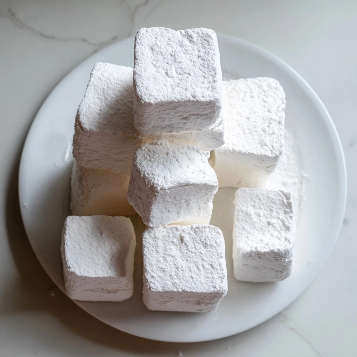 Batch of fluffy homemade marshmallows cut into squares on a white serving plate