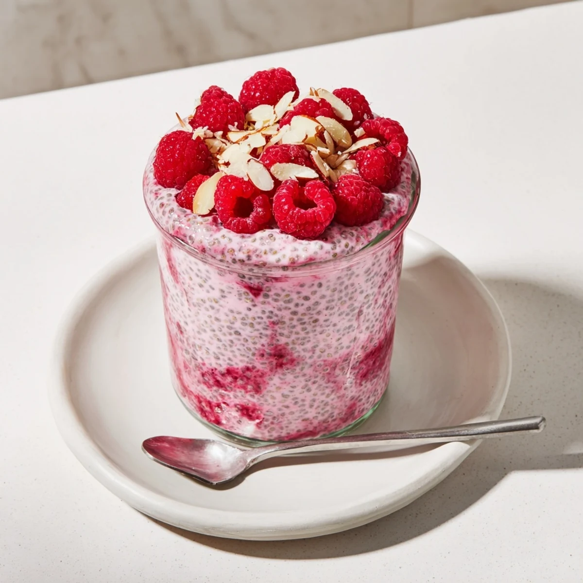 Creamy raspberry chia pudding layered in glass jars topped with fresh red berries and mint