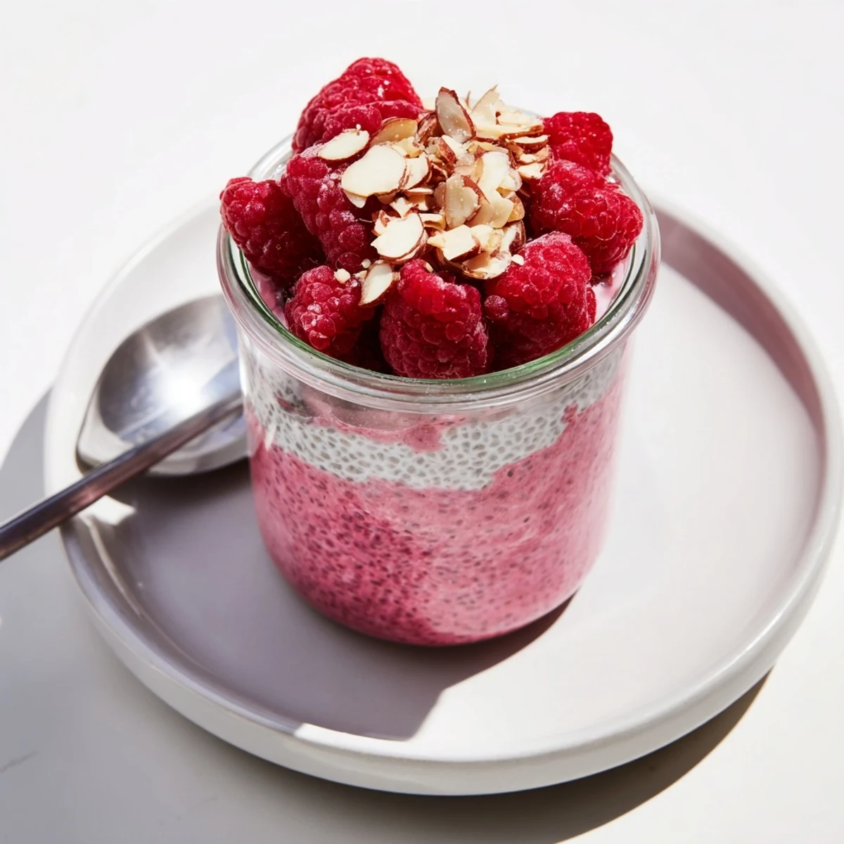 Vegan raspberry chia pudding dessert swirl with seeds and fresh fruit garnish