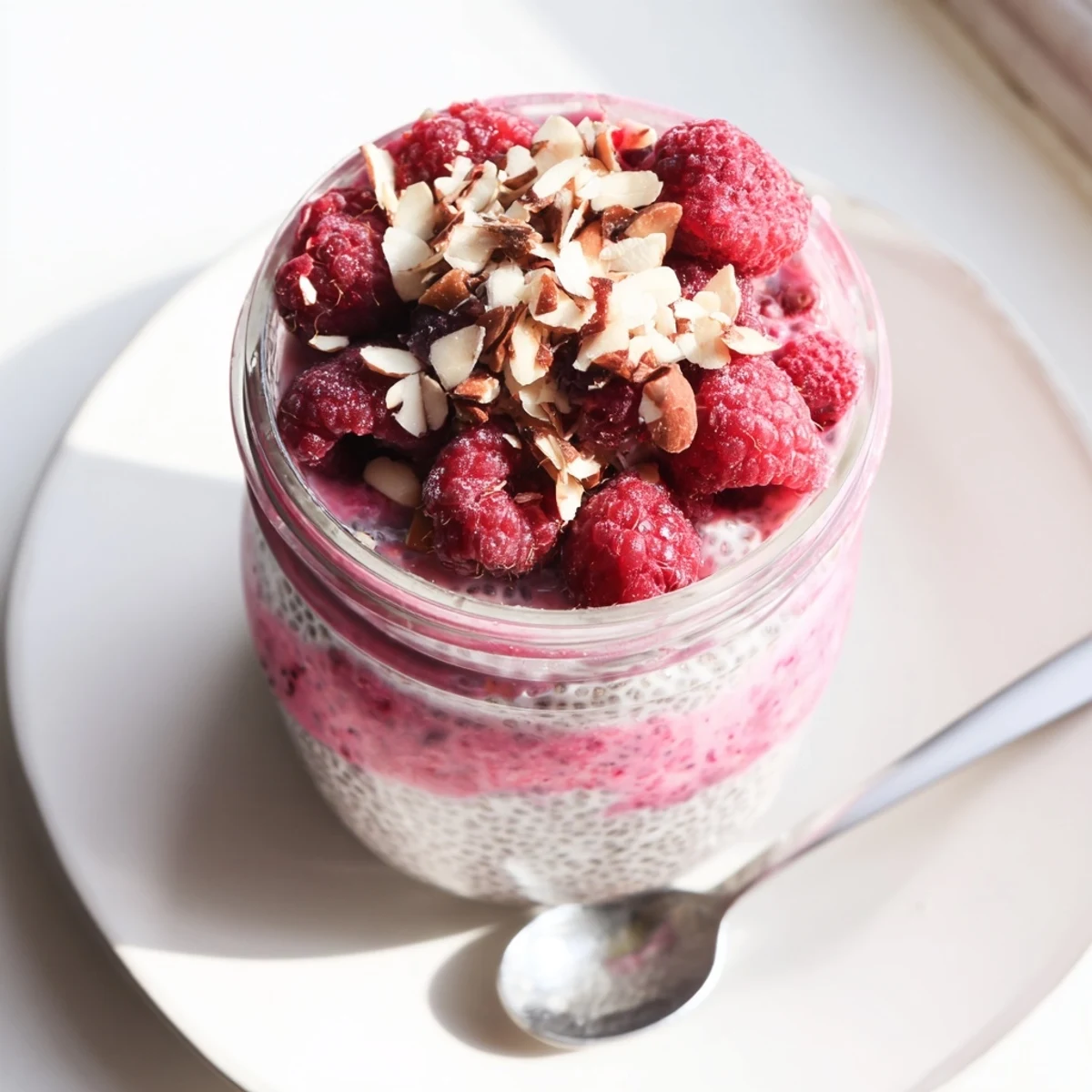 Thick pink raspberry chia pudding breakfast bowl sprinkled with granola and whole raspberries