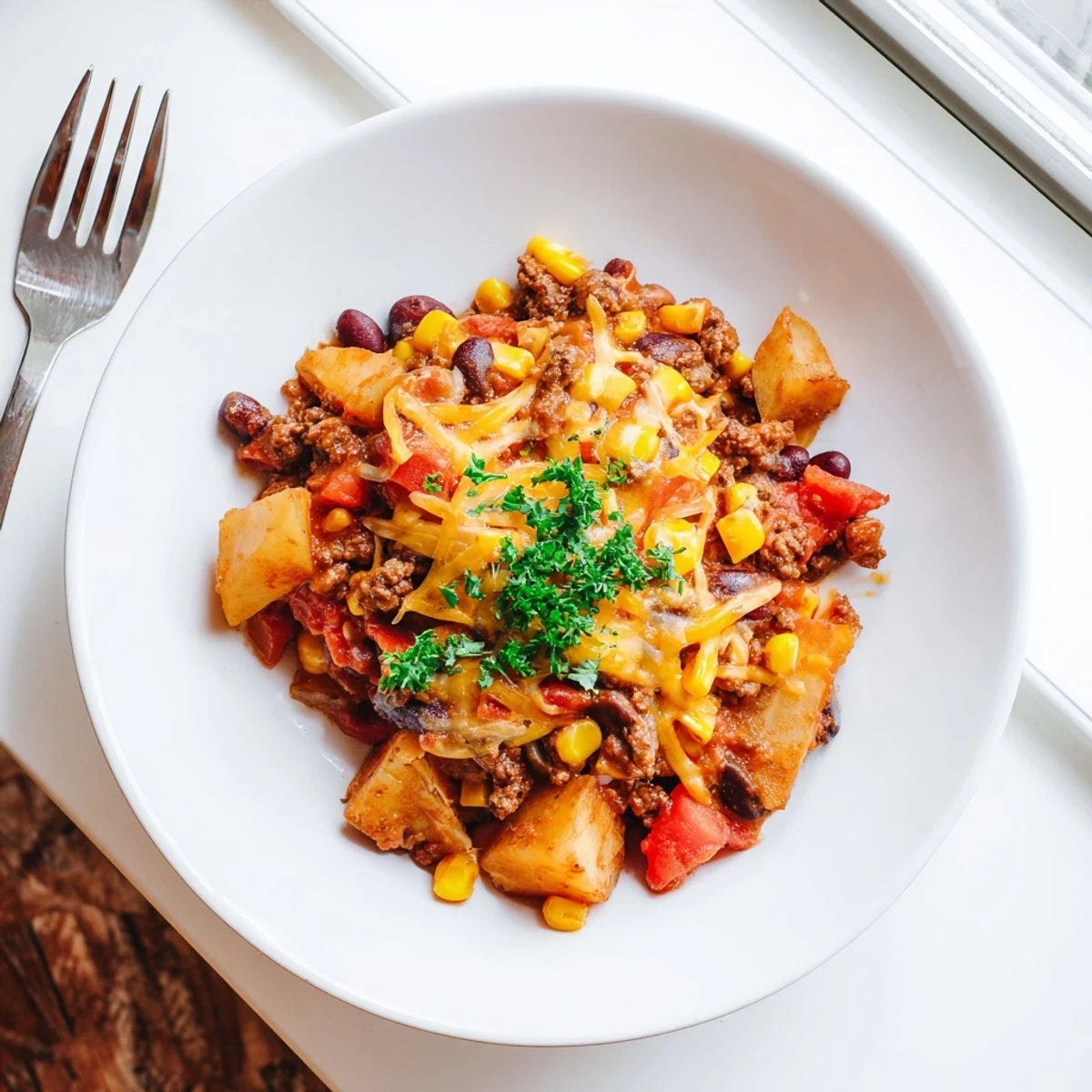 Slow cooker cowboy casserole with melted cheddar cheese over hearty ground beef and tender vegetables
