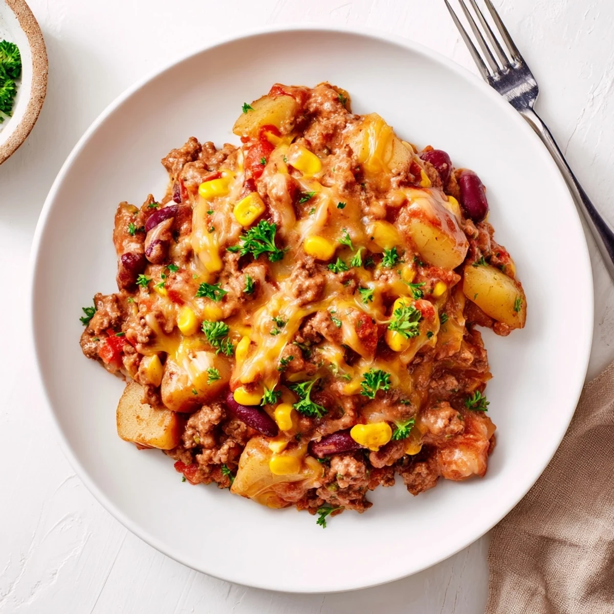 Rustic cowboy casserole bubbling in a slow cooker with golden potatoes and savory beef