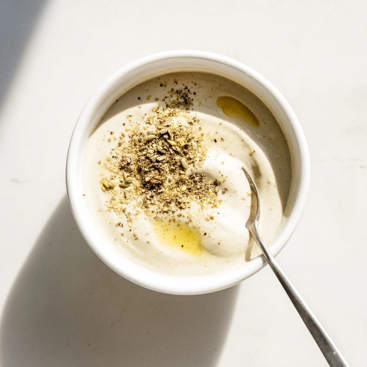 Bowl of smooth garlic sauce topped with olive oil and fresh herbs, perfect Middle Eastern condiment