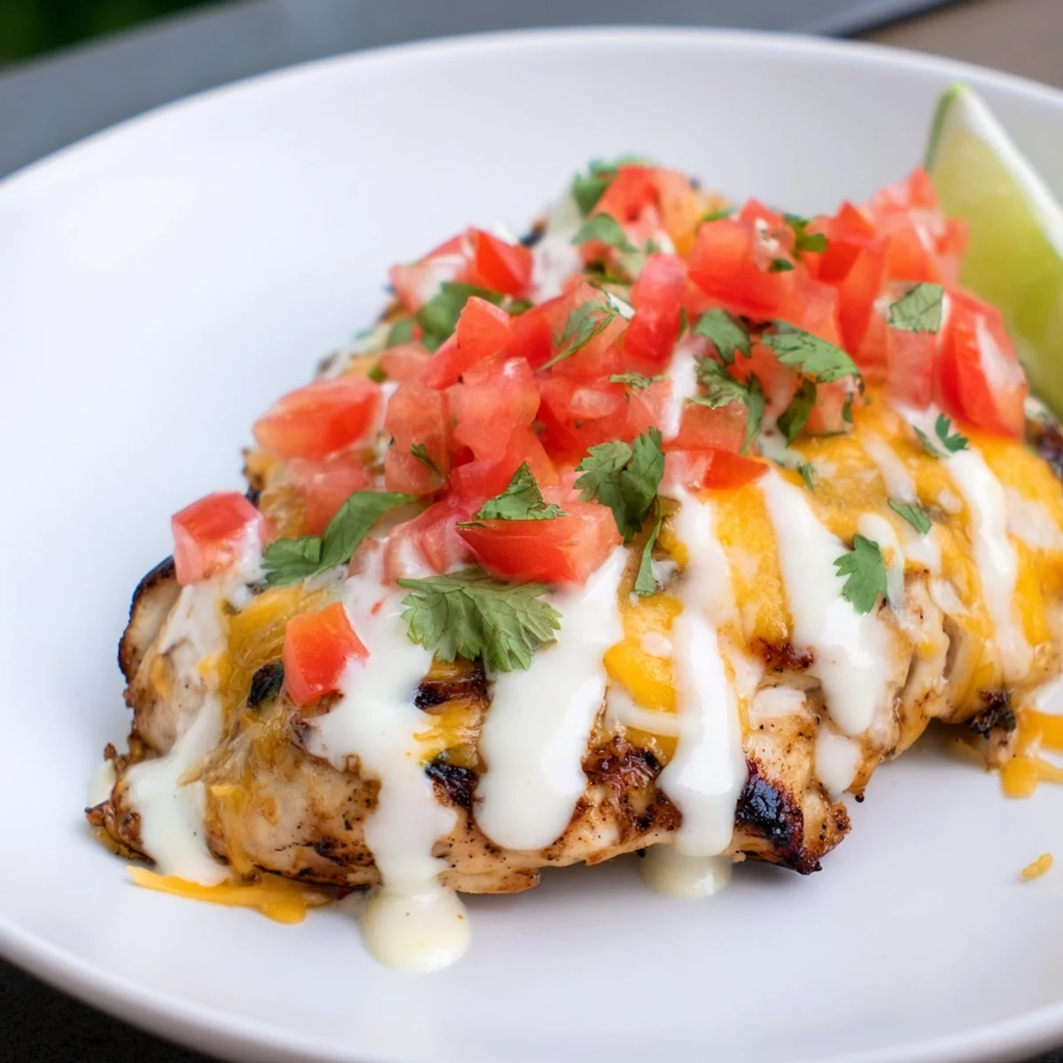Grilled Fiesta Lime Chicken topped with melted cheese, pico de gallo and drizzled with tangy white sauce