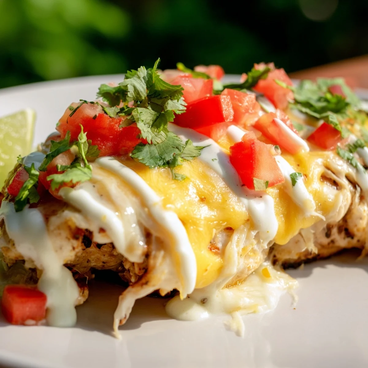 Southwestern Fiesta Lime Chicken platter featuring creamy sauce, diced tomato topping and shredded melted cheese