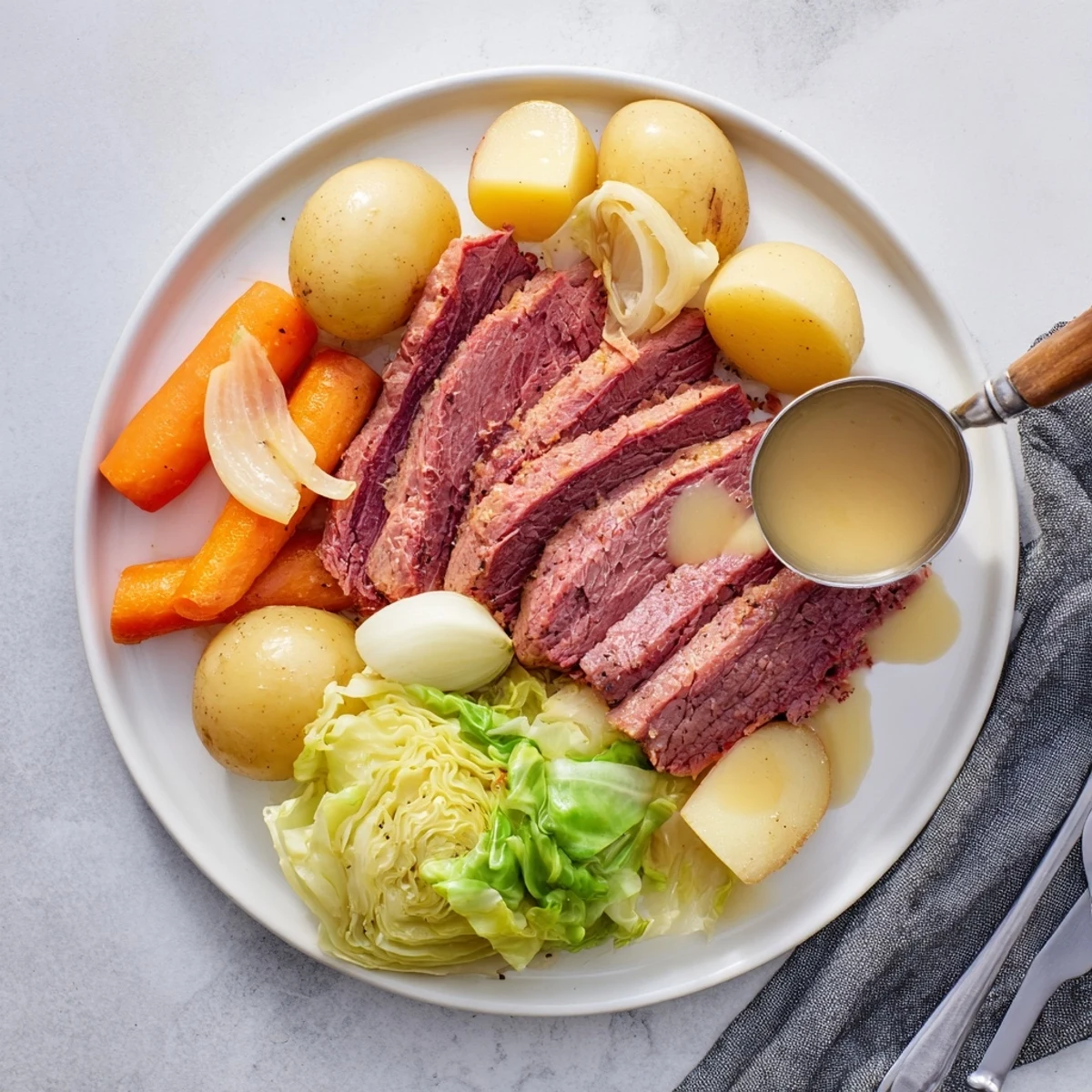 Tender slow cooker corned beef with cabbage, carrots, and potatoes served in a shallow bowl