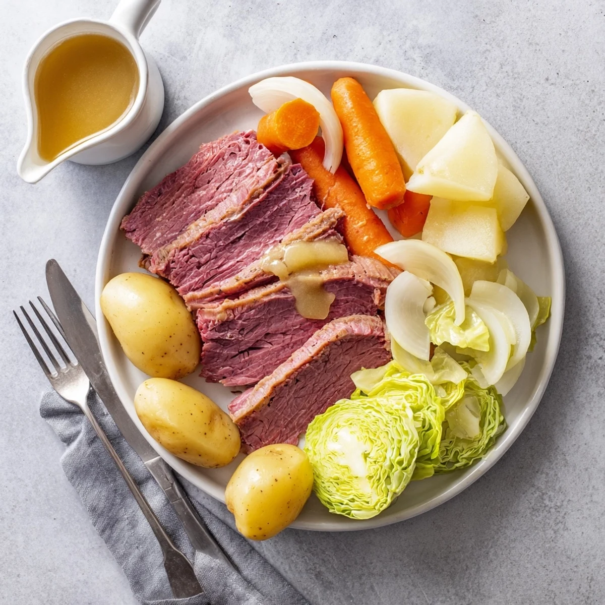 Sliced corned beef brisket arranged beside buttery cabbage wedges and roasted vegetables on a white platter