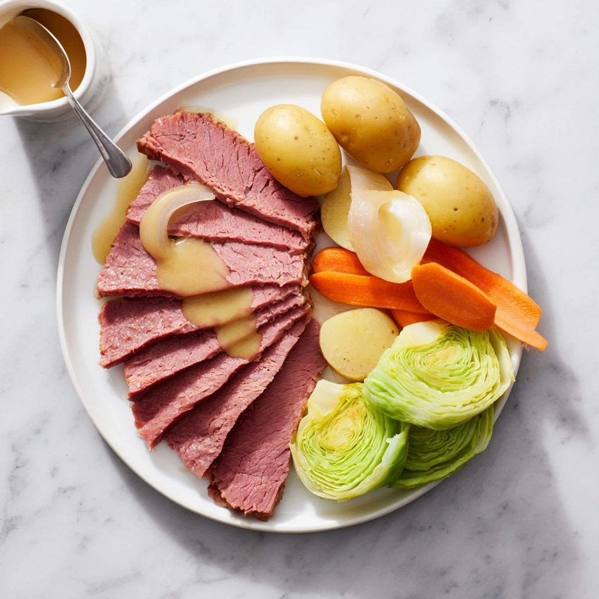 Hearty bowl of slow cooker corned beef and cabbage garnished with fresh parsley and black pepper