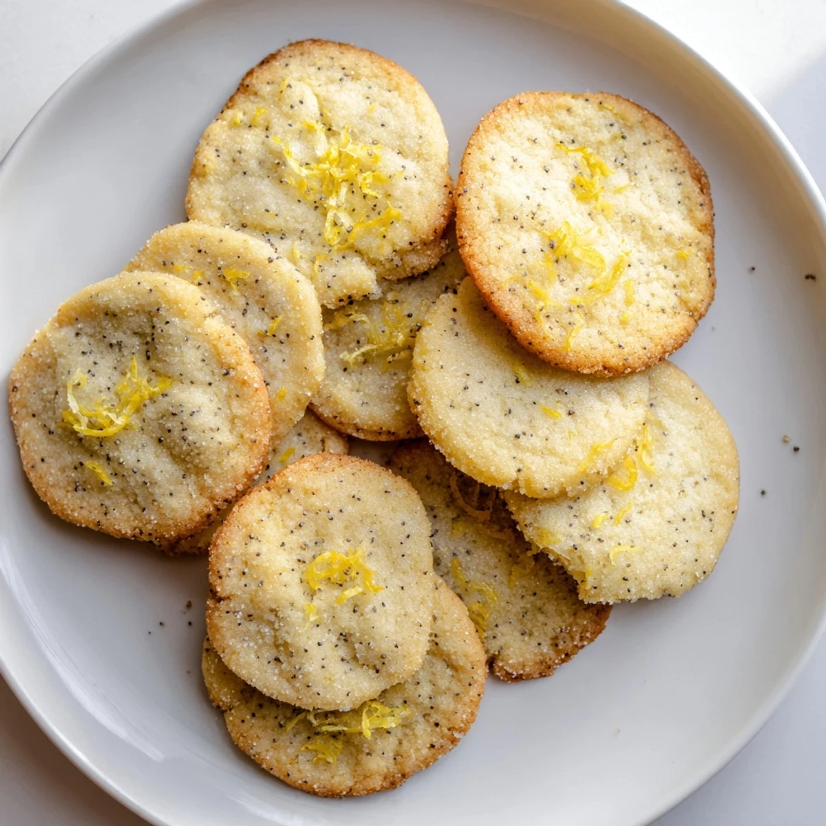 Two fresh lemon poppy seed cheesecake cookies on a white decorative dessert plate