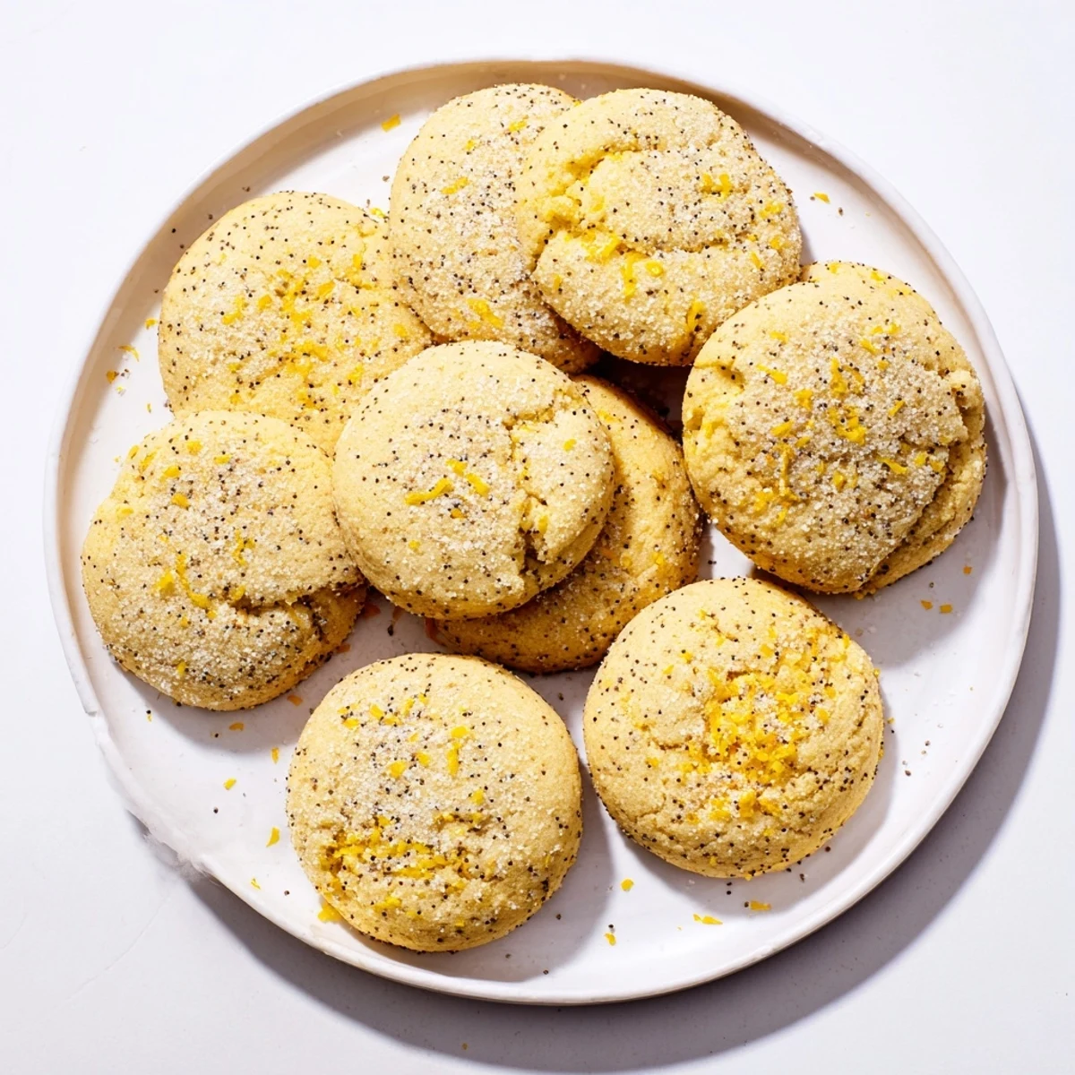 Baked lemon poppy seed cheesecake cookies with visible poppy seeds and sugary coating