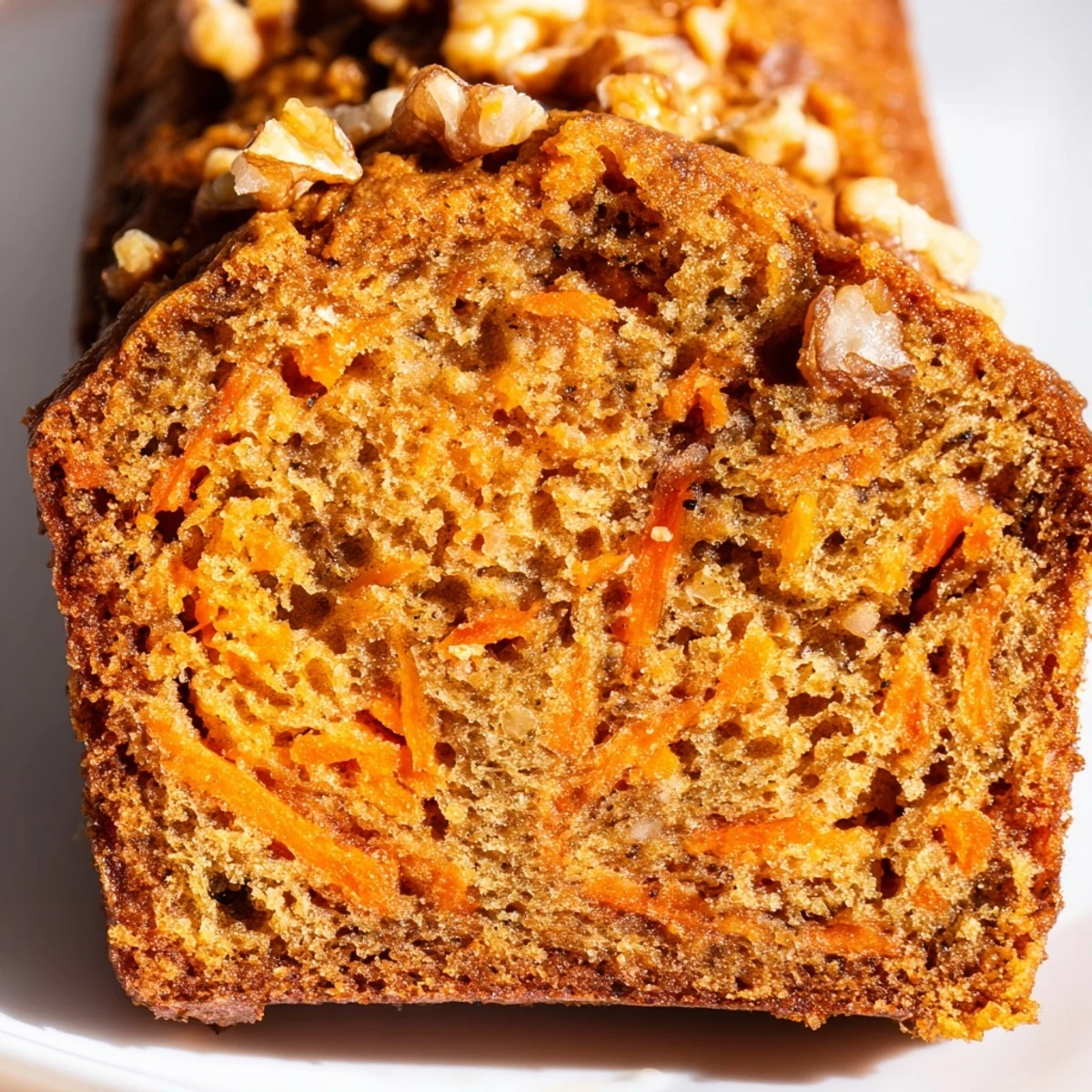 Moist carrot cake banana bread loaf topped with chopped walnuts on a wooden board