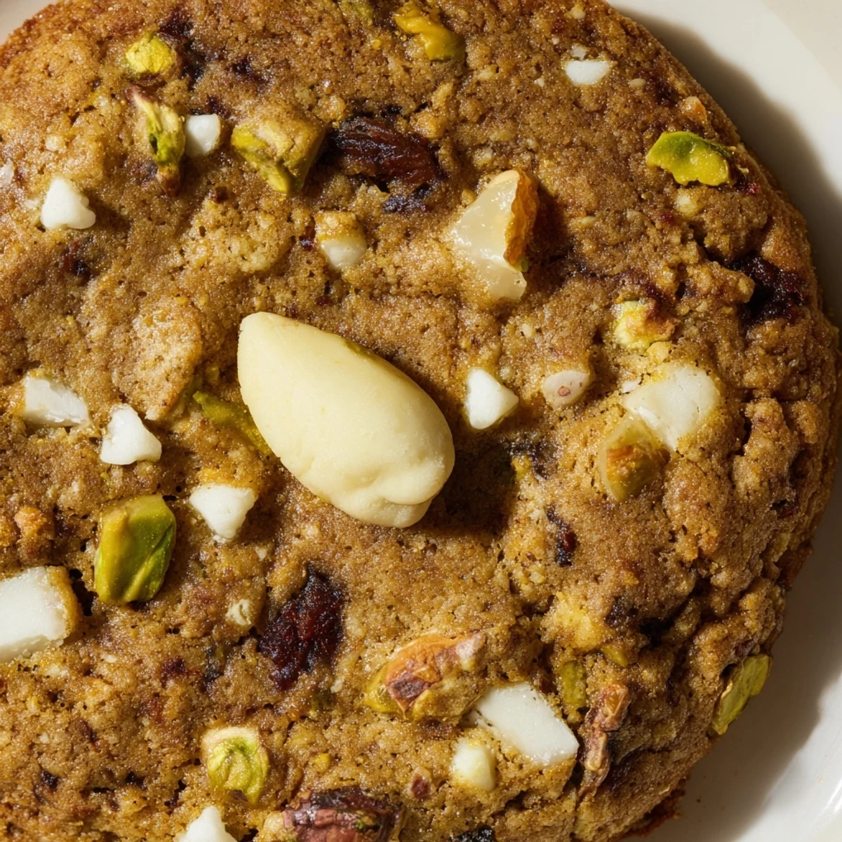 Golden brown Dubai chewy cookie studded with green pistachios and dark sweet dates