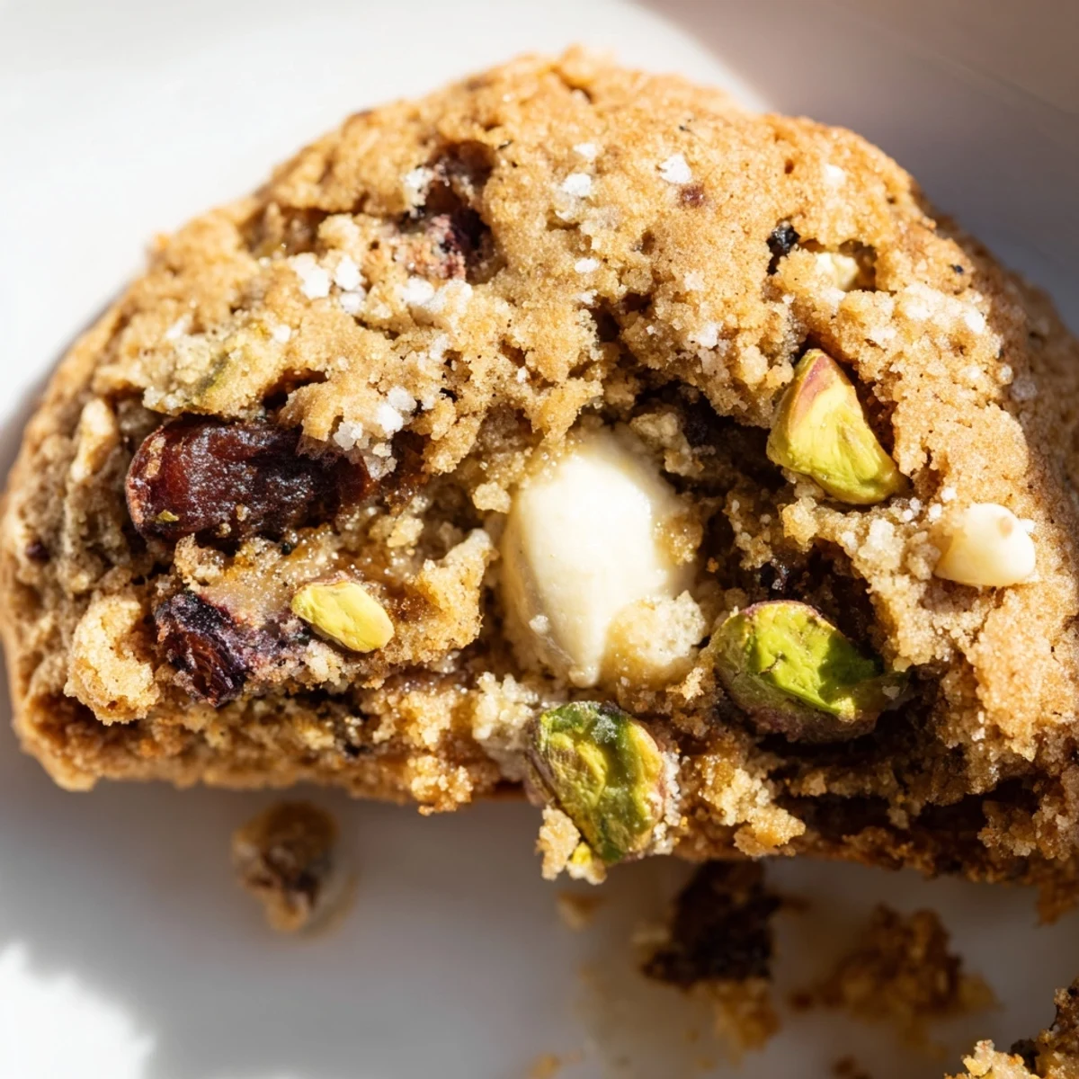 Chewy Middle Eastern-inspired Dubai cookie featuring aromatic cardamom and chunks of roasted pistachios