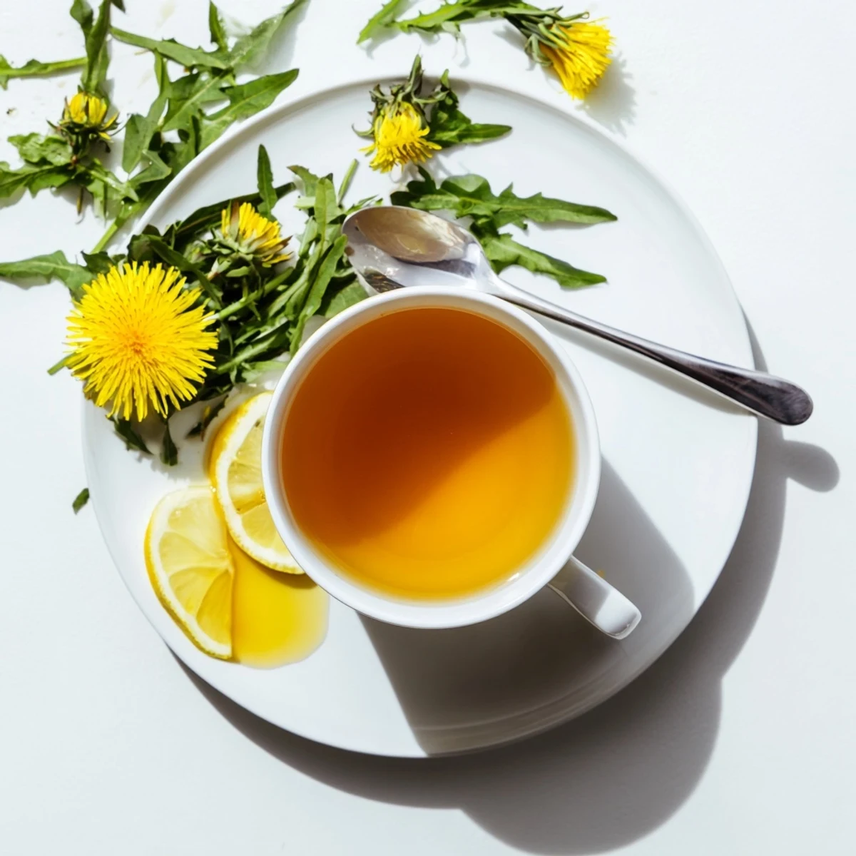 Golden dandelion tea steaming in white ceramic cups with fresh flower petals garnish