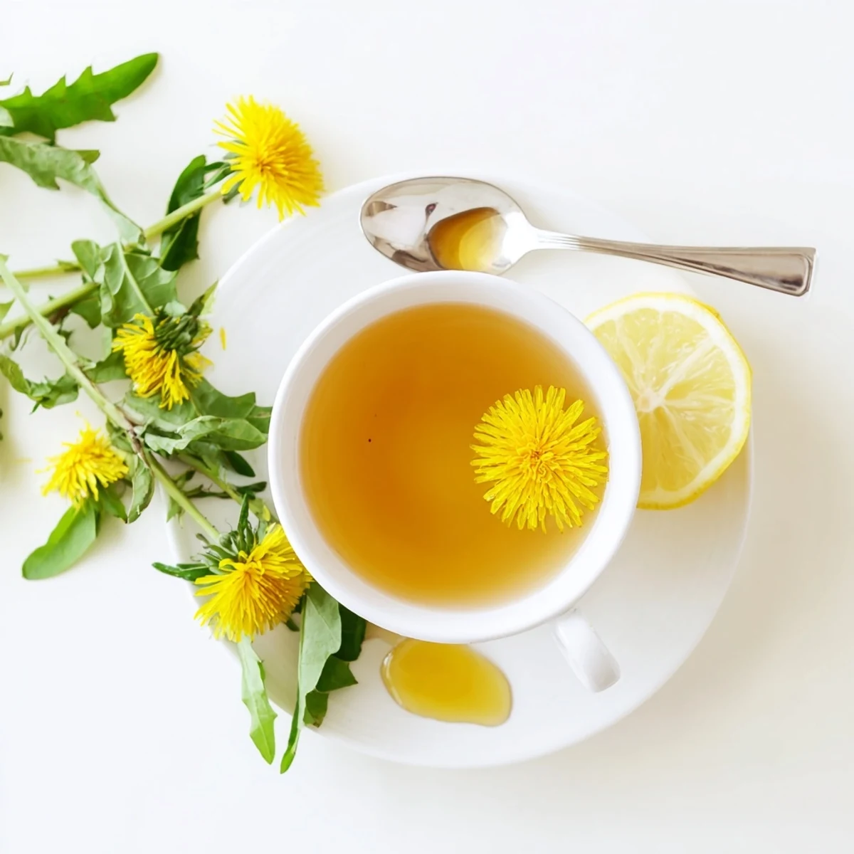 Warm herbal dandelion tea poured clear glass mug showcasing amber infusion color