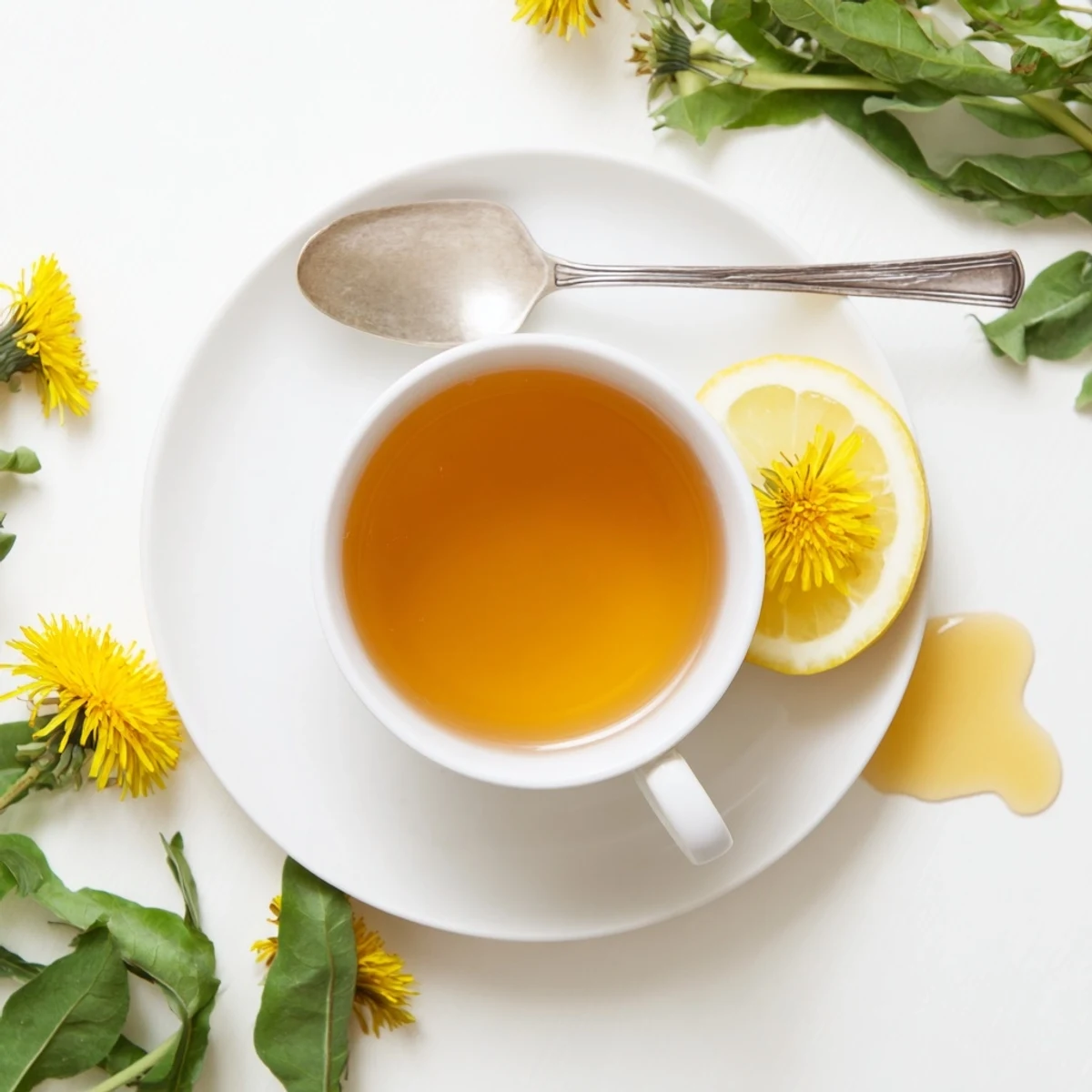 Homemade dandelion tea served hot with lemon slice and honey on wooden board