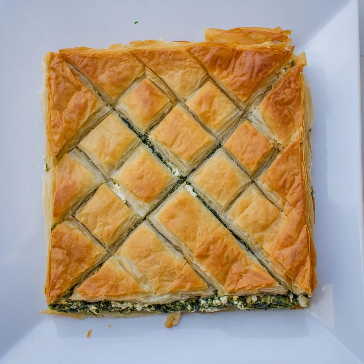 Crispy baked spanakopita pie featuring aromatic spinach herbs and creamy feta cheese