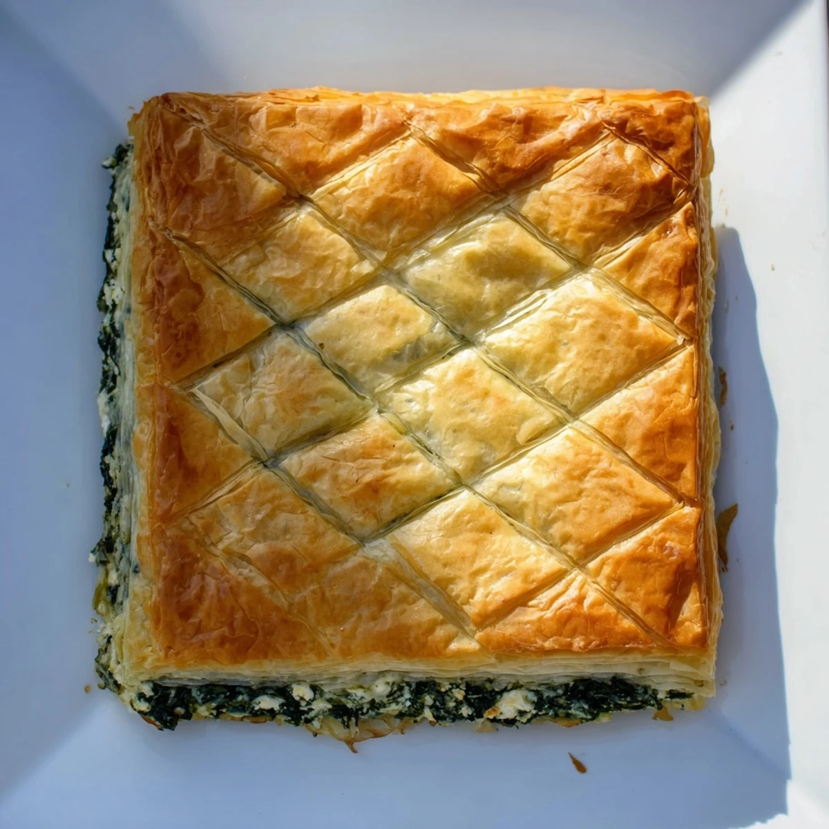 Traditional Greek spanakopita sliced into squares served on white plate