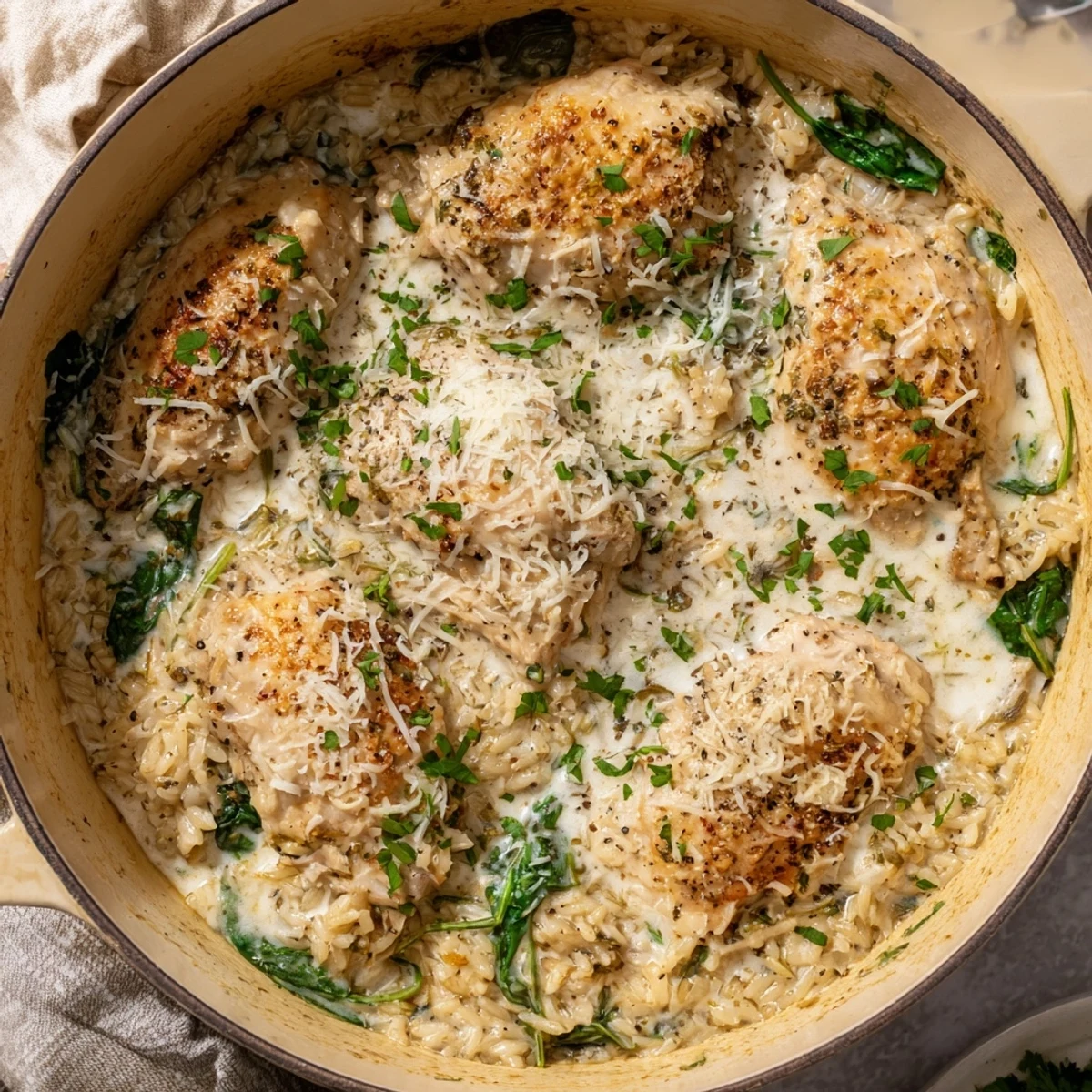Creamy one pot chicken rice casserole topped with fresh parsley and juicy baked chicken thighs