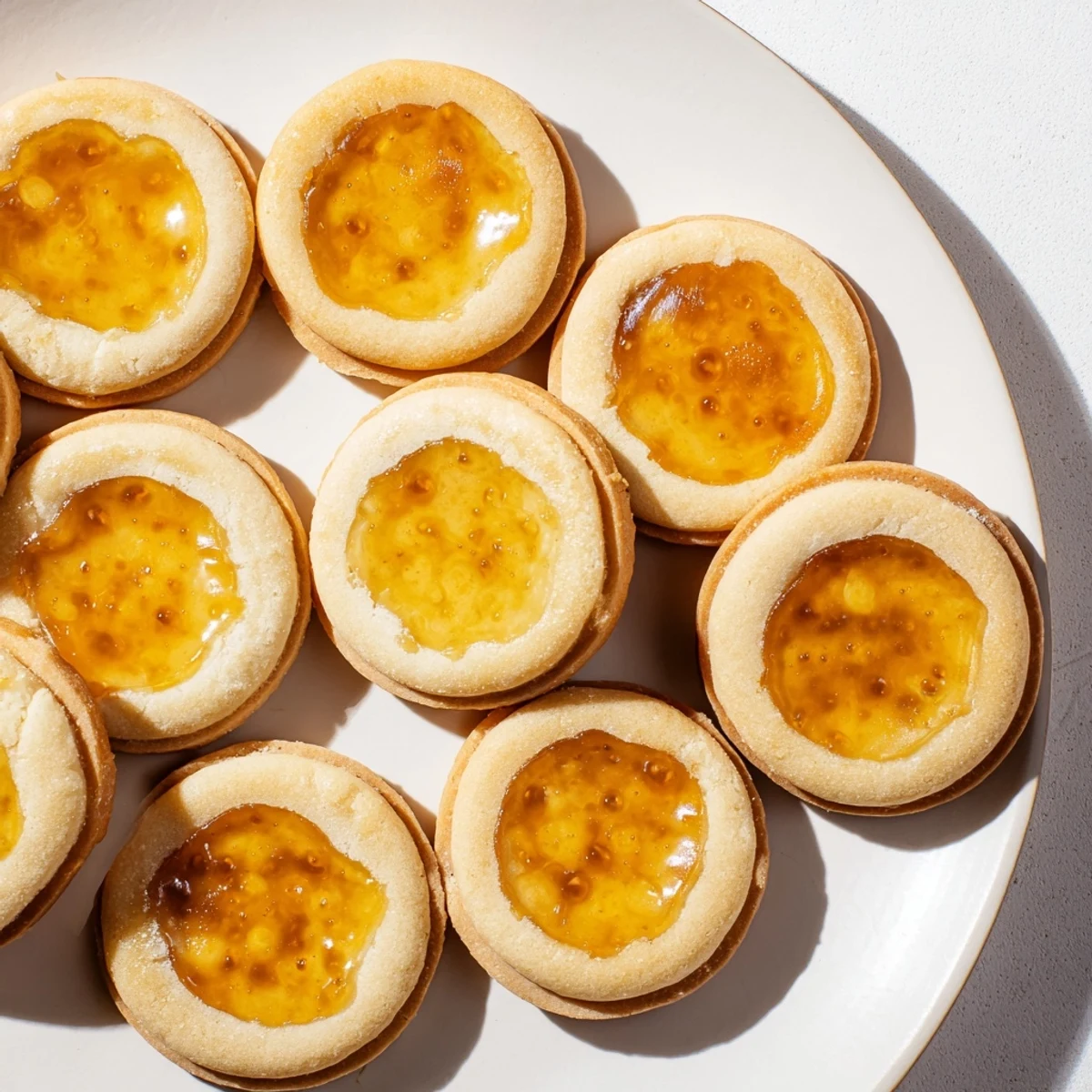 Golden crème brûlée shortbread cookies with crackled caramelized sugar topping on white plate