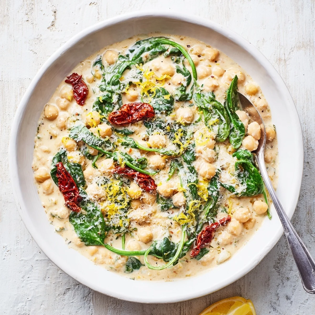 Creamy Marry Me Chickpeas simmered with sun-dried tomatoes and wilted spinach in a rich herb-infused sauce