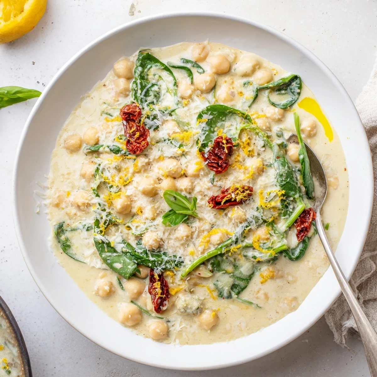 Golden chickpeas coated in a silky white cream sauce with sun-dried tomatoes and fresh basil garnish