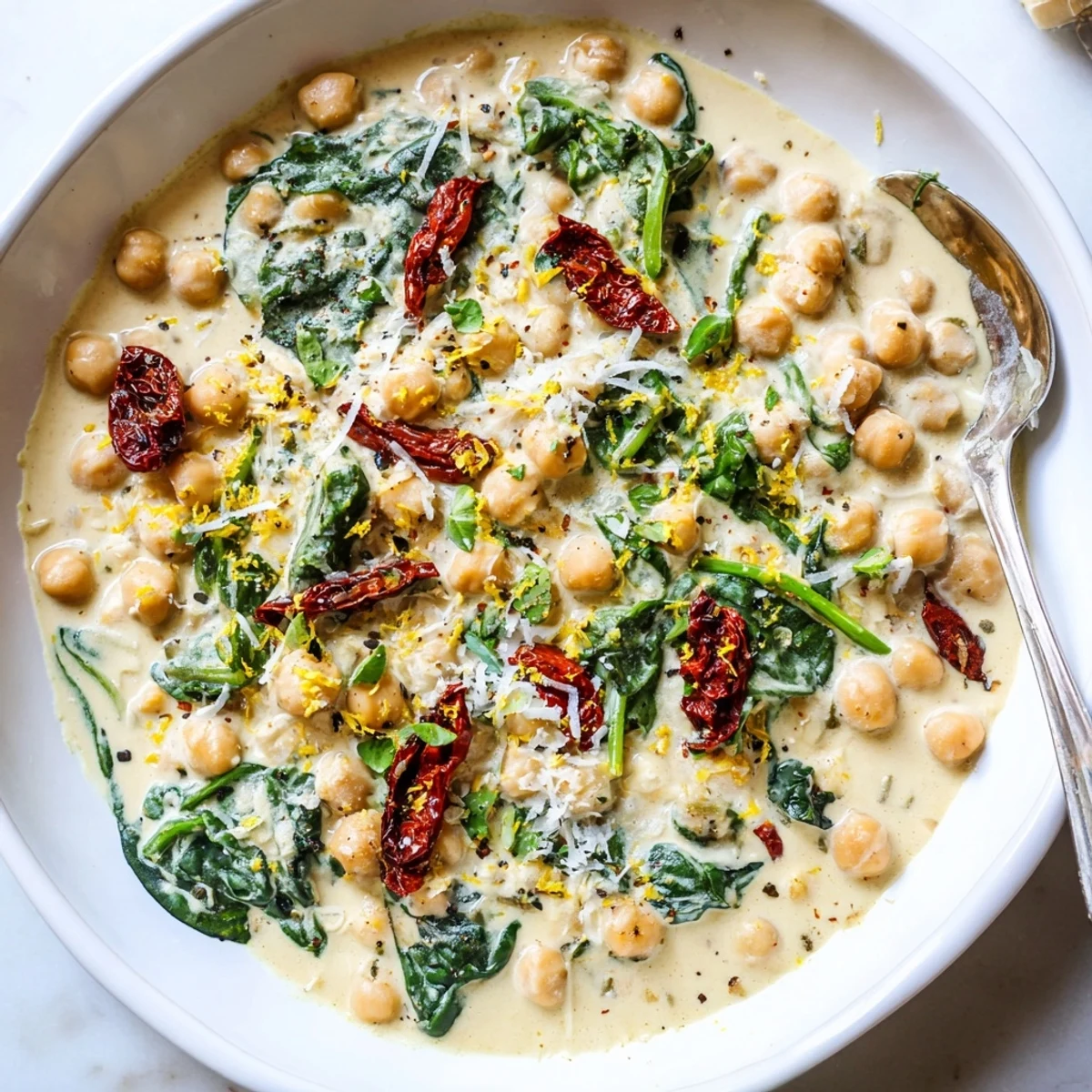 Hearty bowl of Marry Me Chickpeas featuring tender chickpeas in a velvety garlic parmesan cream sauce