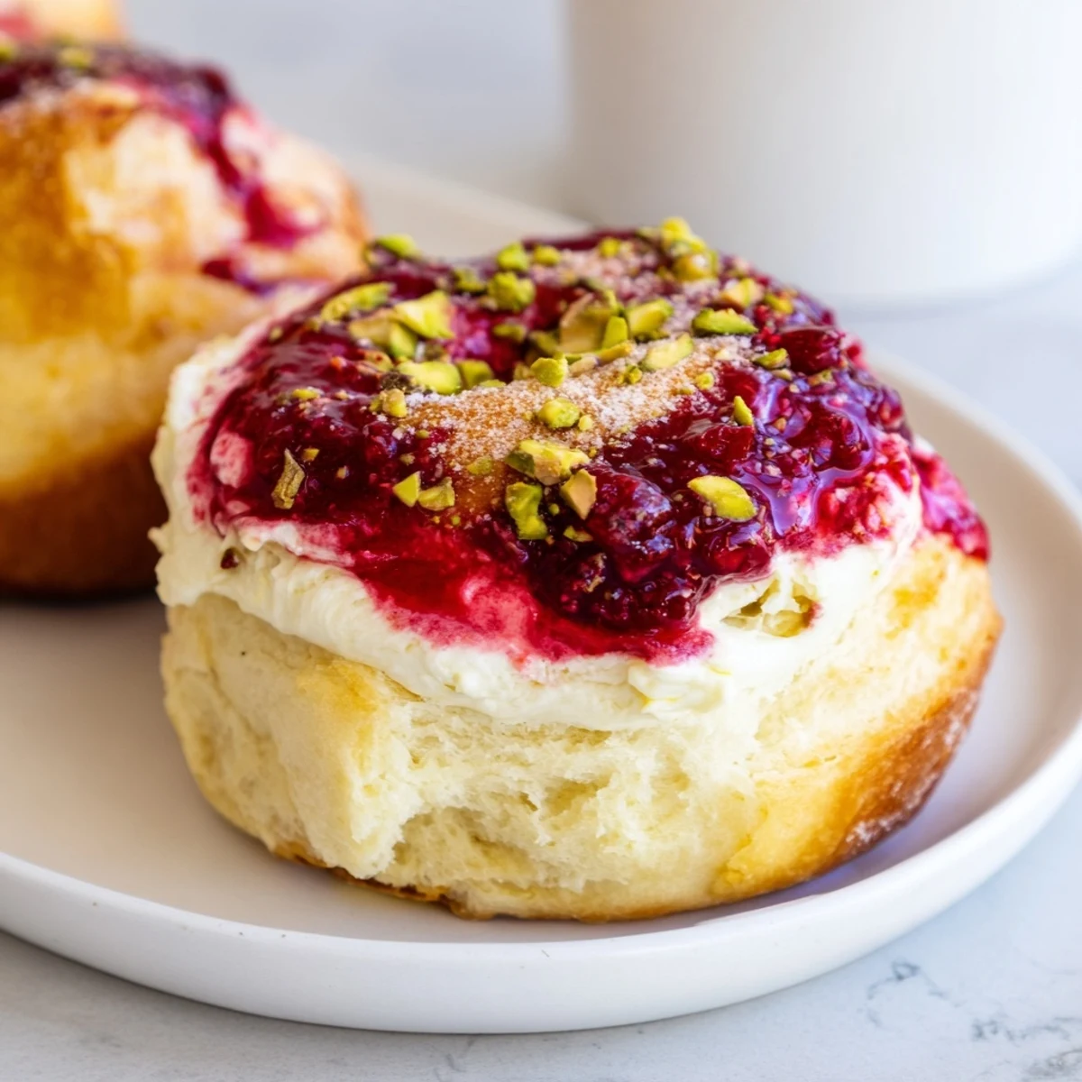 Golden raspberry and rose cheesecake buns with creamy filling and tart berry swirls