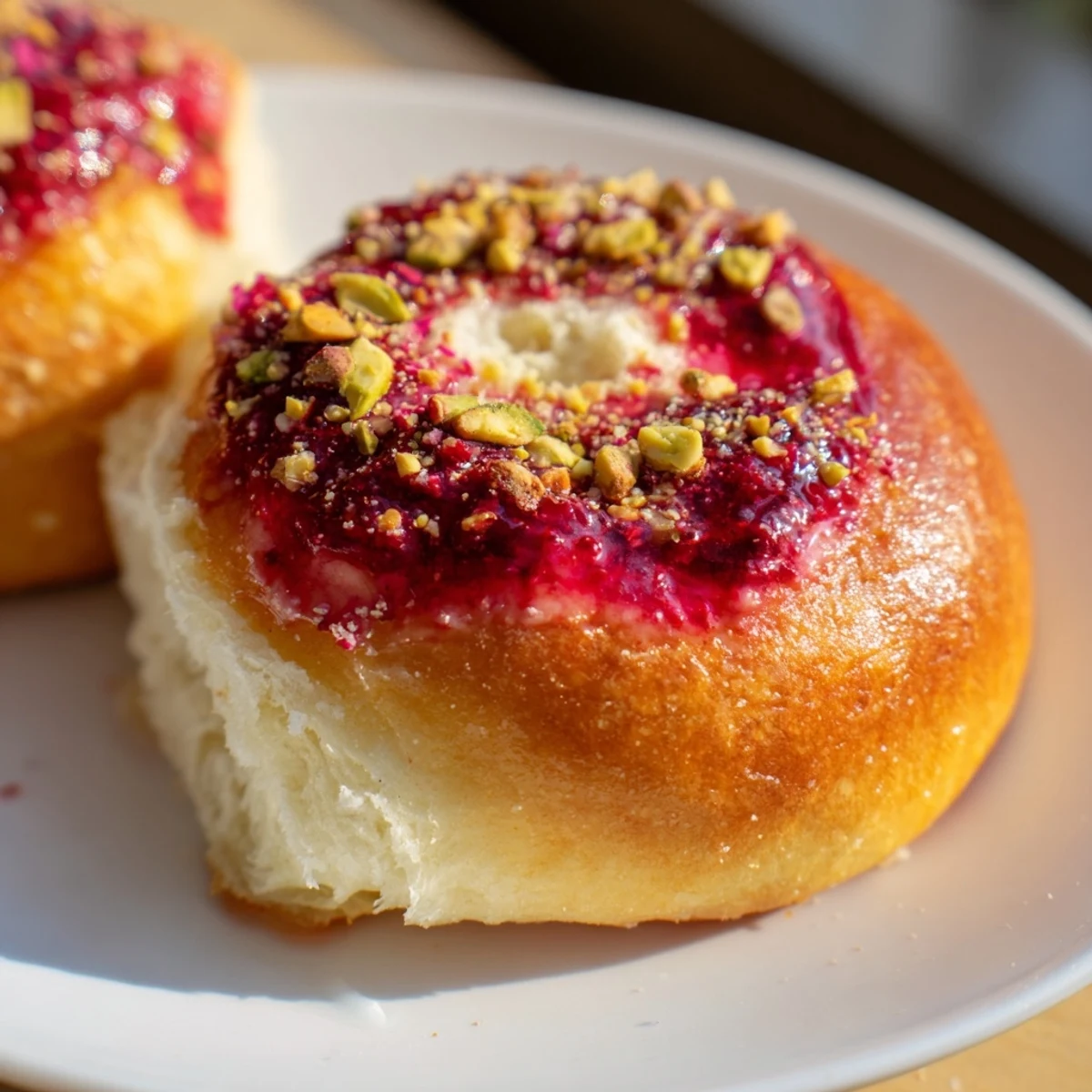Freshly baked raspberry and rose cheesecake buns drizzled with vibrant red raspberry compote