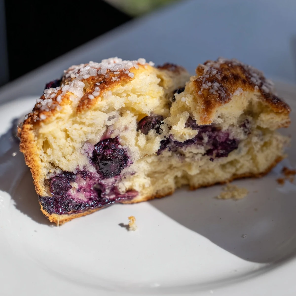 Warm flaky blueberry biscuits drizzled with honey and topped with coarse sparkling sugar