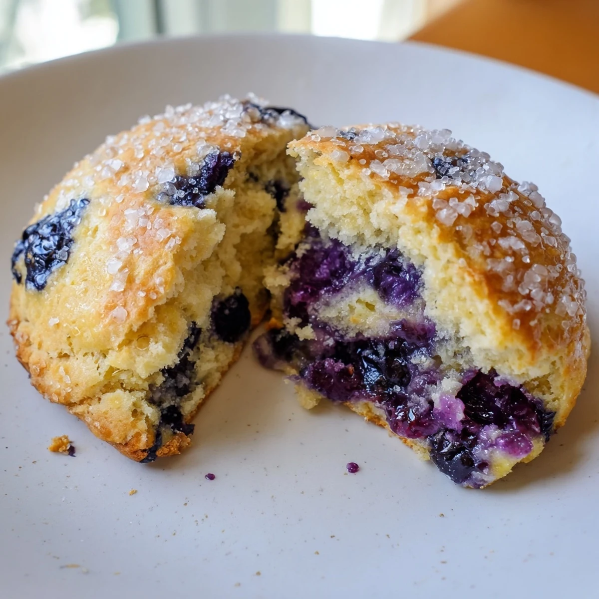 Golden homemade blueberry biscuits studded with fresh juicy berries on a rustic wooden board