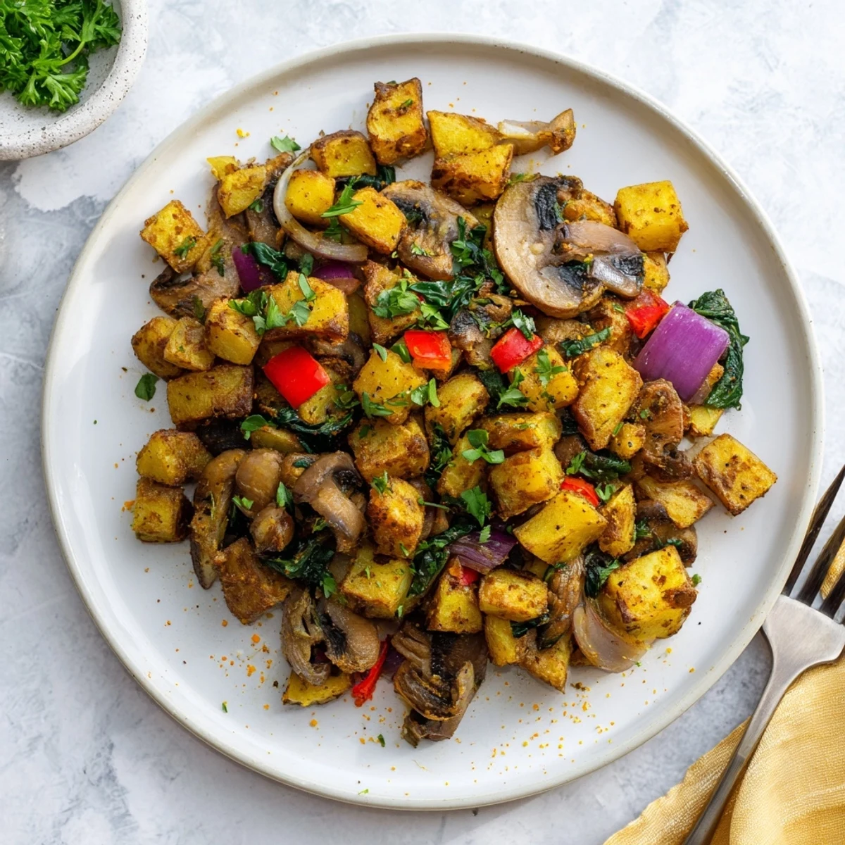 Golden crispy vegan breakfast hash with colorful peppers and fresh spinach in a skillet
