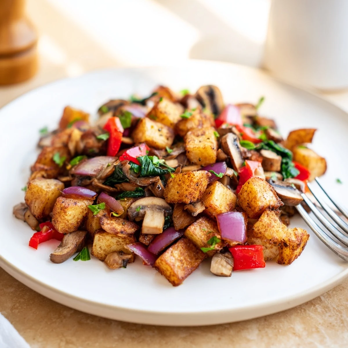 Hearty flavorful vegan breakfast hash plated with diced potatoes mushrooms and vibrant red onions