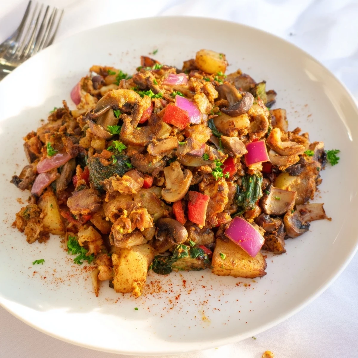 Sizzling skillet of wholesome vegan breakfast hash topped with parsley and optional hot sauce