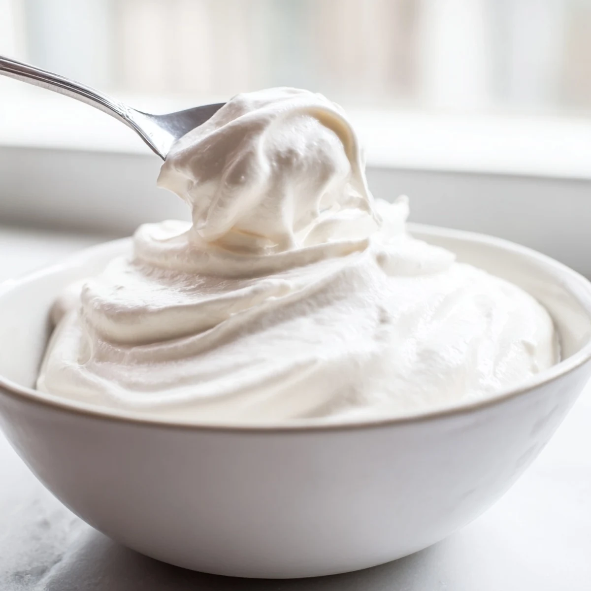 Creamy homemade Greek yogurt in a white bowl topped with fresh honey drizzle