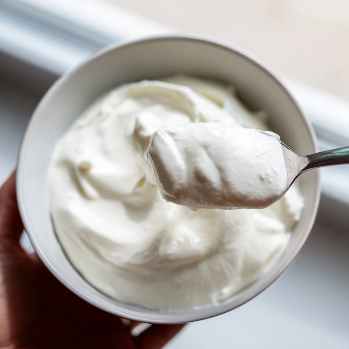 Thick Greek yogurt scooped into a glass jar with wooden spoon on marble counter