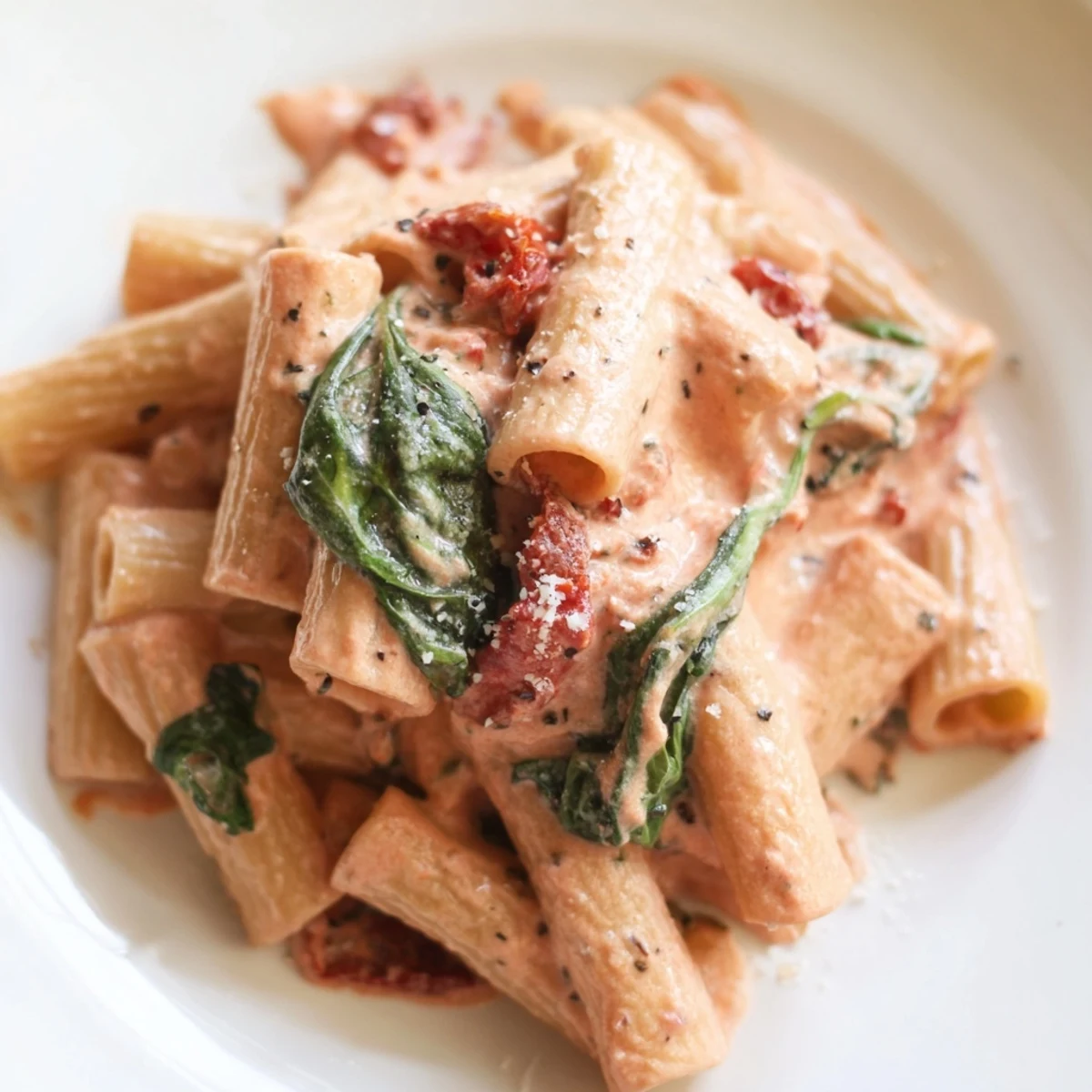 Creamy sun dried tomato spinach pasta in a rustic skillet with velvety sauce coating each noodle