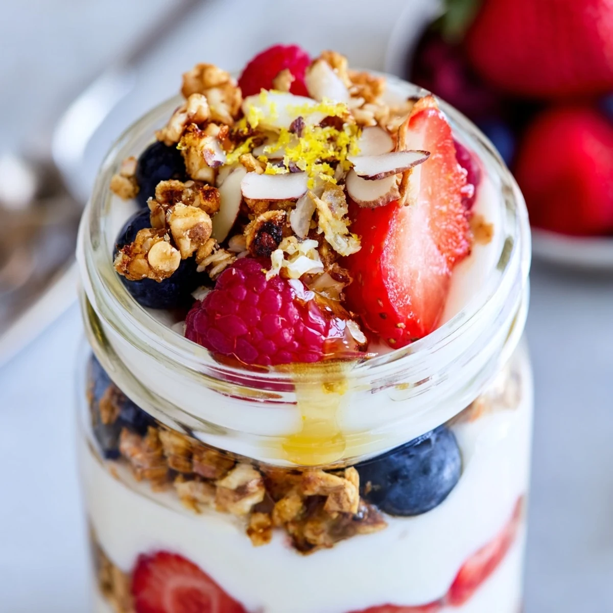 Creamy Greek yogurt parfait with layered berries and crunchy granola in a clear glass