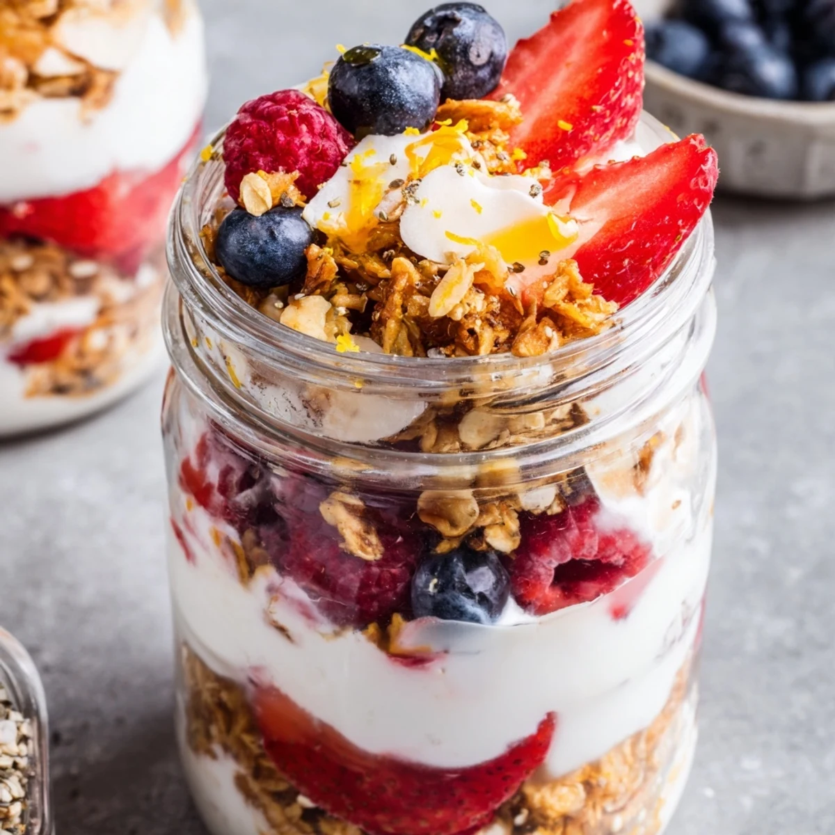 Greek yogurt parfait topped with fresh mixed berries and golden honey drizzle