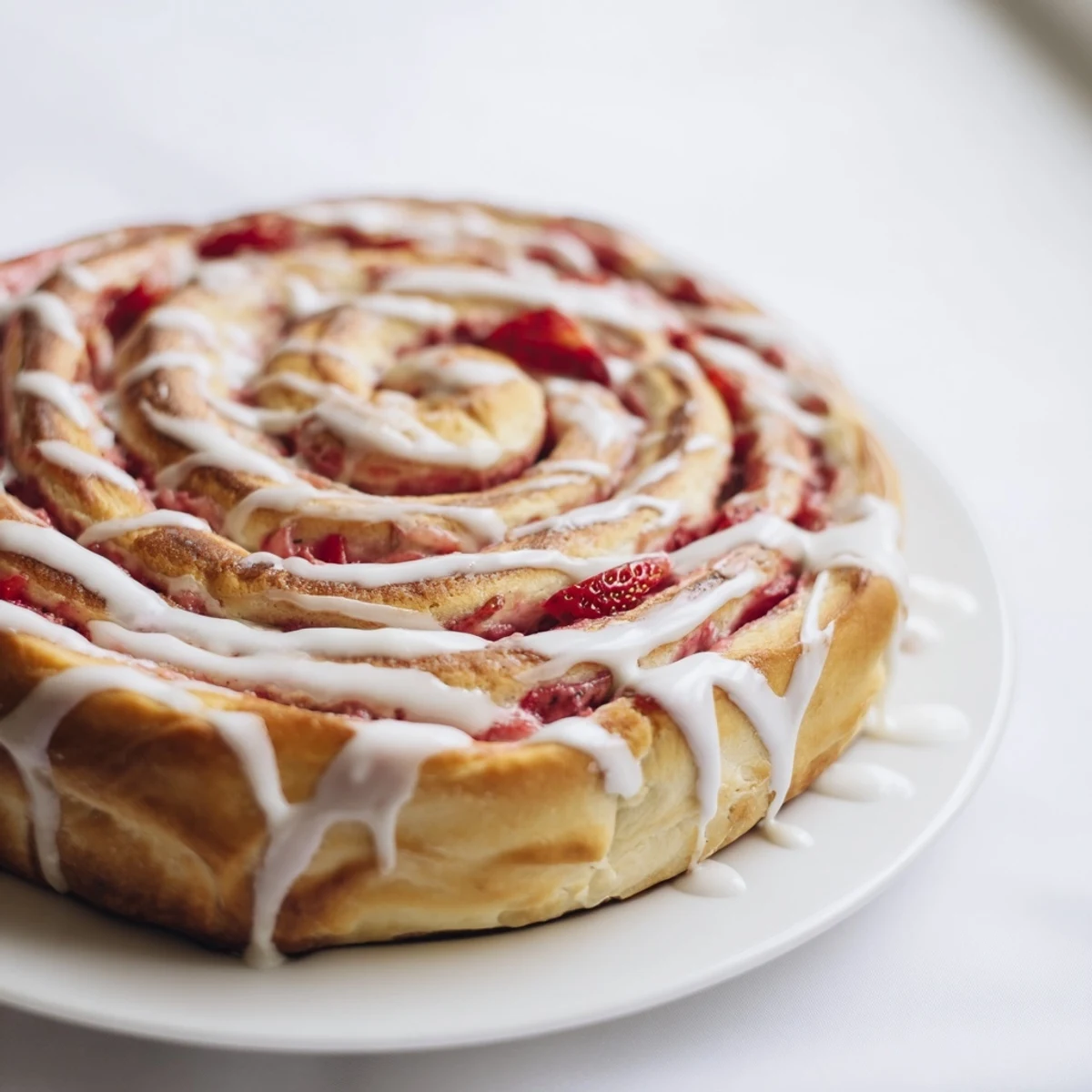 Golden Strawberry Shortcake Cheesecake Rolls drizzled with sweet vanilla glaze on a white plate