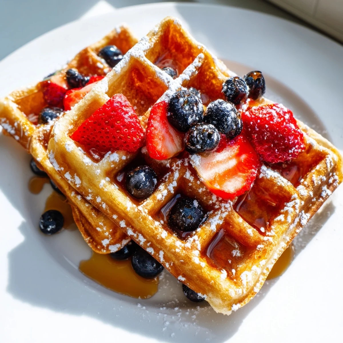 Crispy Greek yogurt waffles with deep grid pattern drizzled in honey for brunch