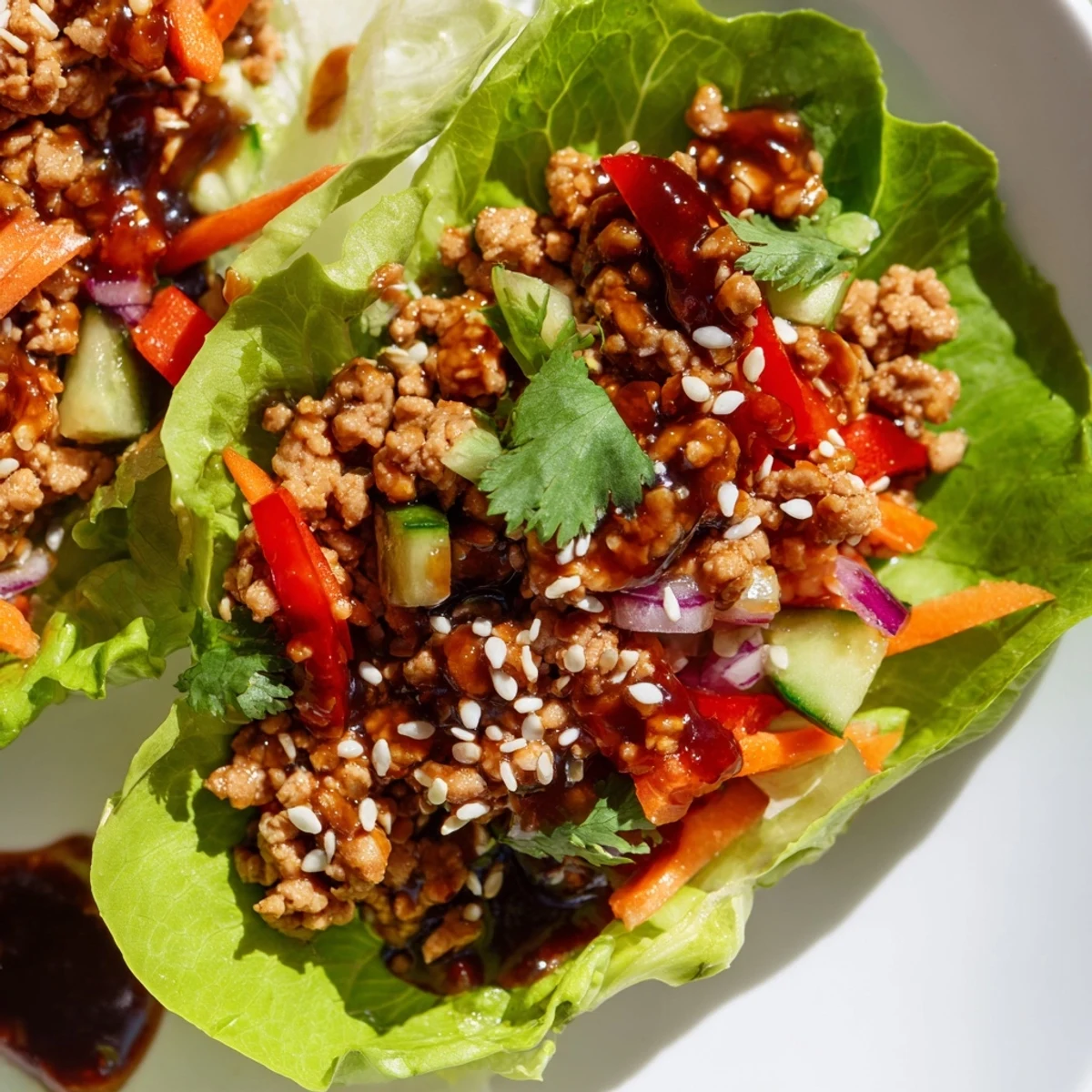 Seasoned ground turkey served in crisp romaine lettuce cups with fresh vegetables and sesame seeds