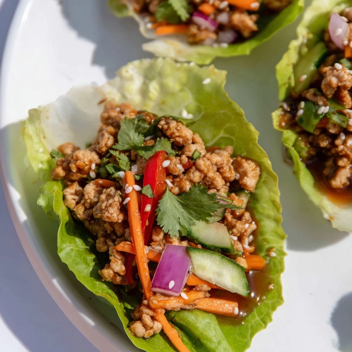 Crisp lettuce leaves filled with savory ground turkey mixture topped with cilantro and lime wedges