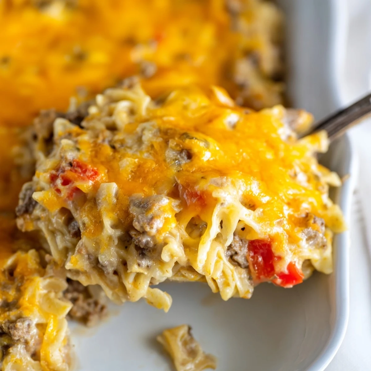 Golden bubbling cheesy beef and noodle casserole fresh from the oven with melted cheddar topping