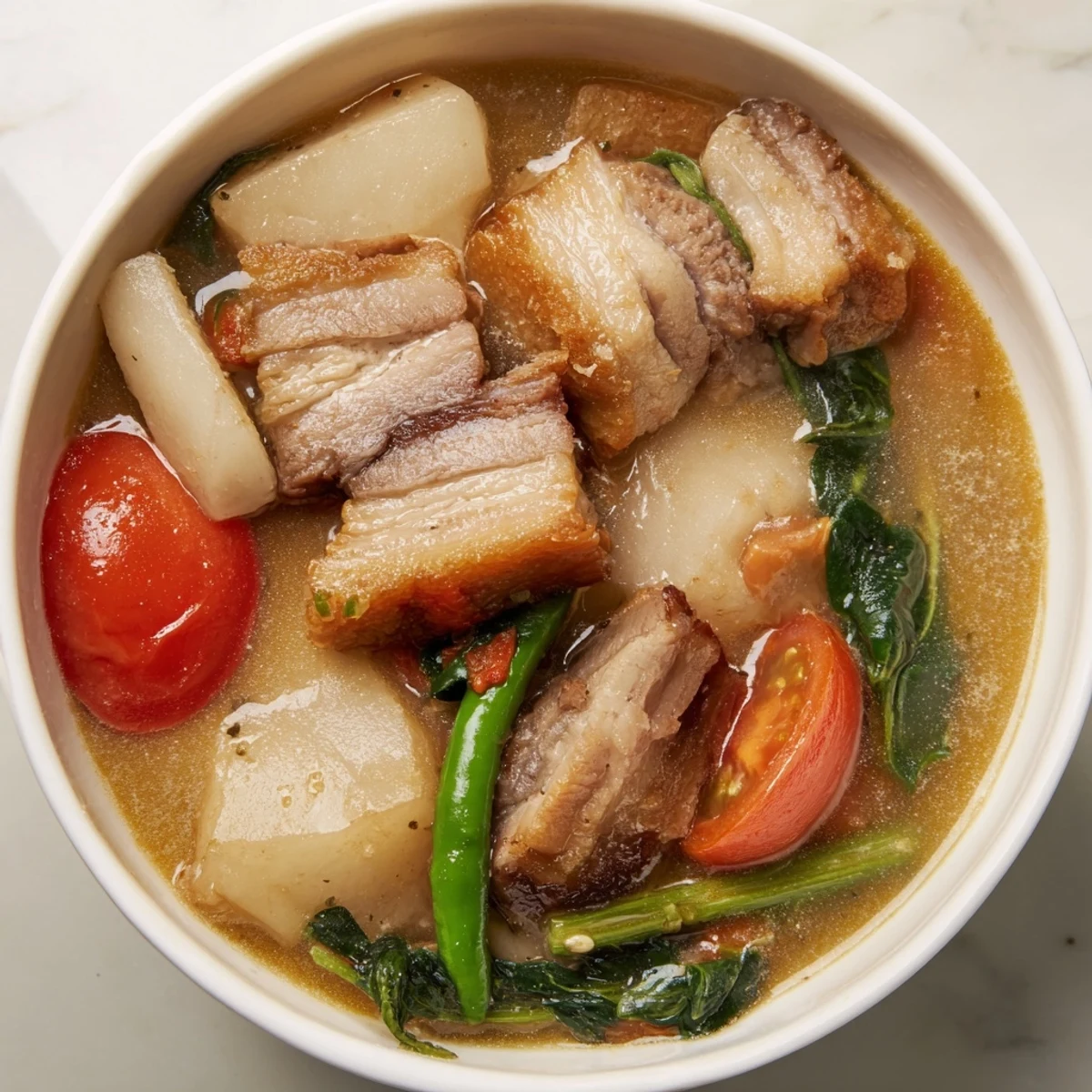 Steaming bowl of Filipino Sinigang sour soup with tender pork and fresh vegetables