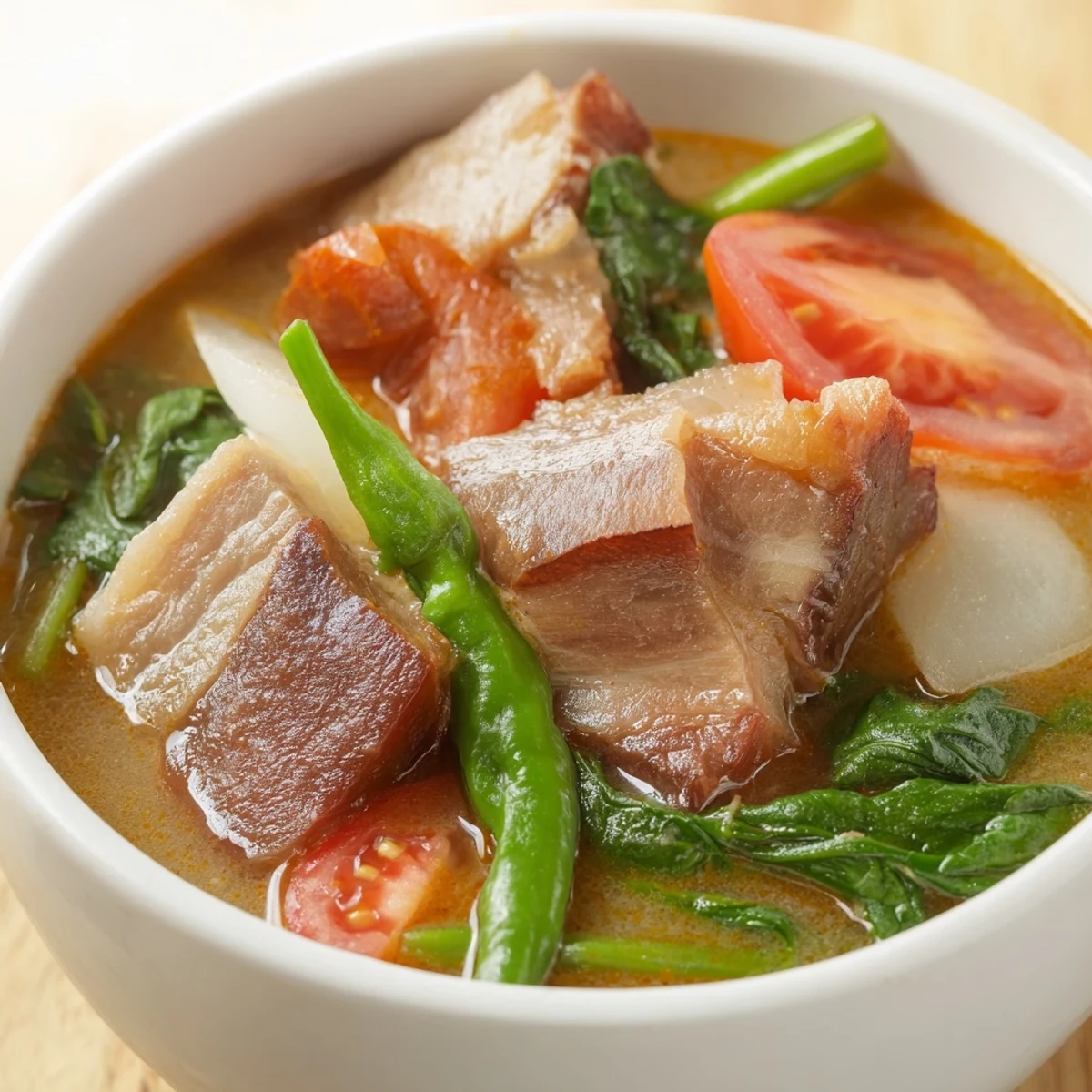 Filipino Sinigang sour soup featuring vibrant vegetables in tangy tamarind broth