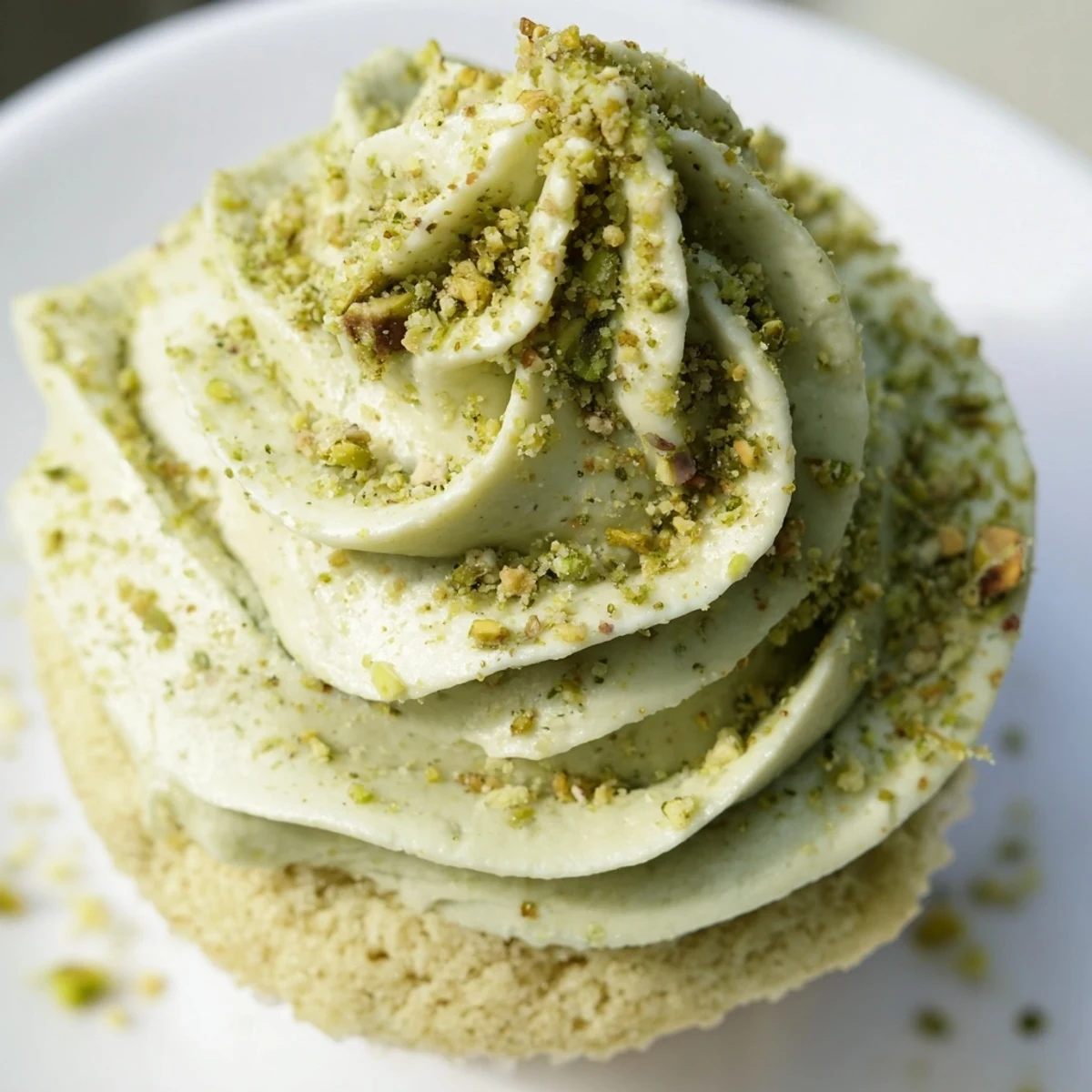 Pistachio cupcakes with creamy green buttercream frosting topped with crushed nut garnish