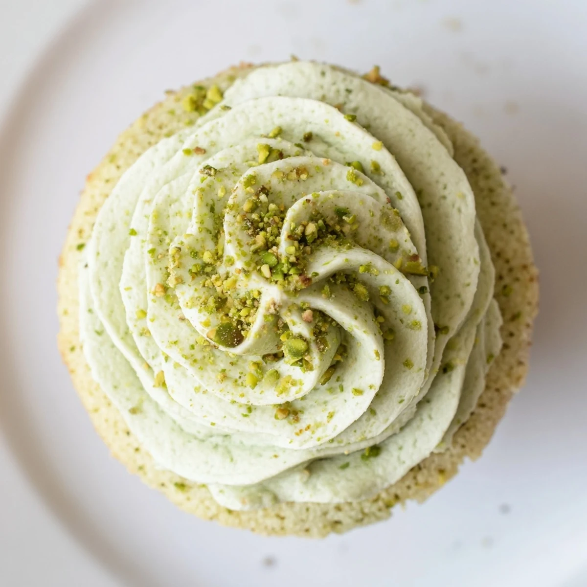 Soft pistachio cupcakes swirled high with fluffy buttercream and sprinkled pistachio crumbs