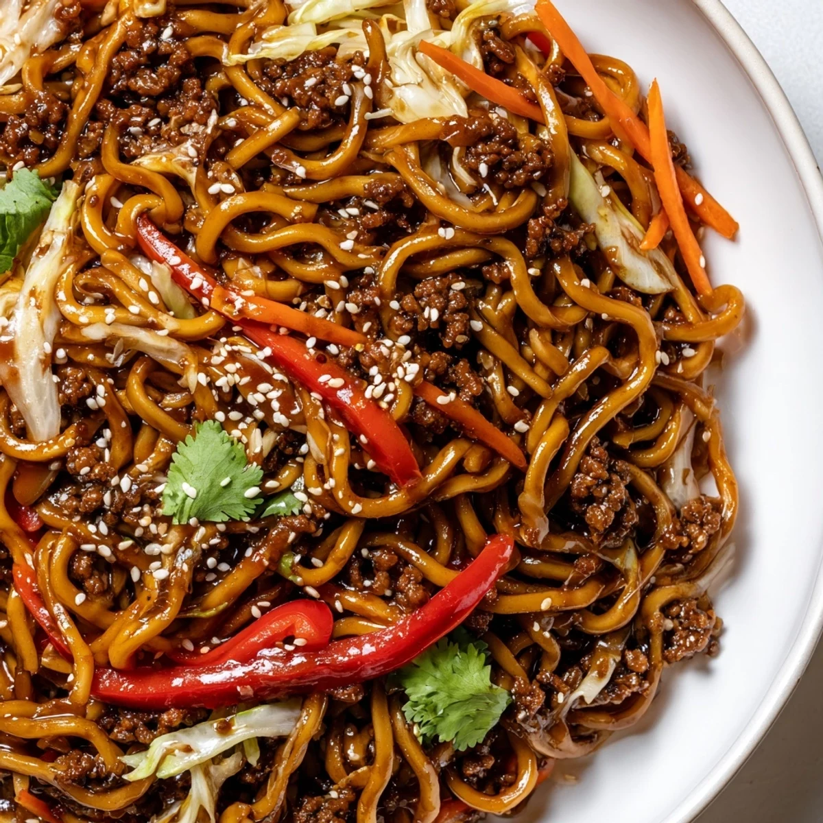 Asian ground beef noodles glistening with savory sauce in a cast iron skillet