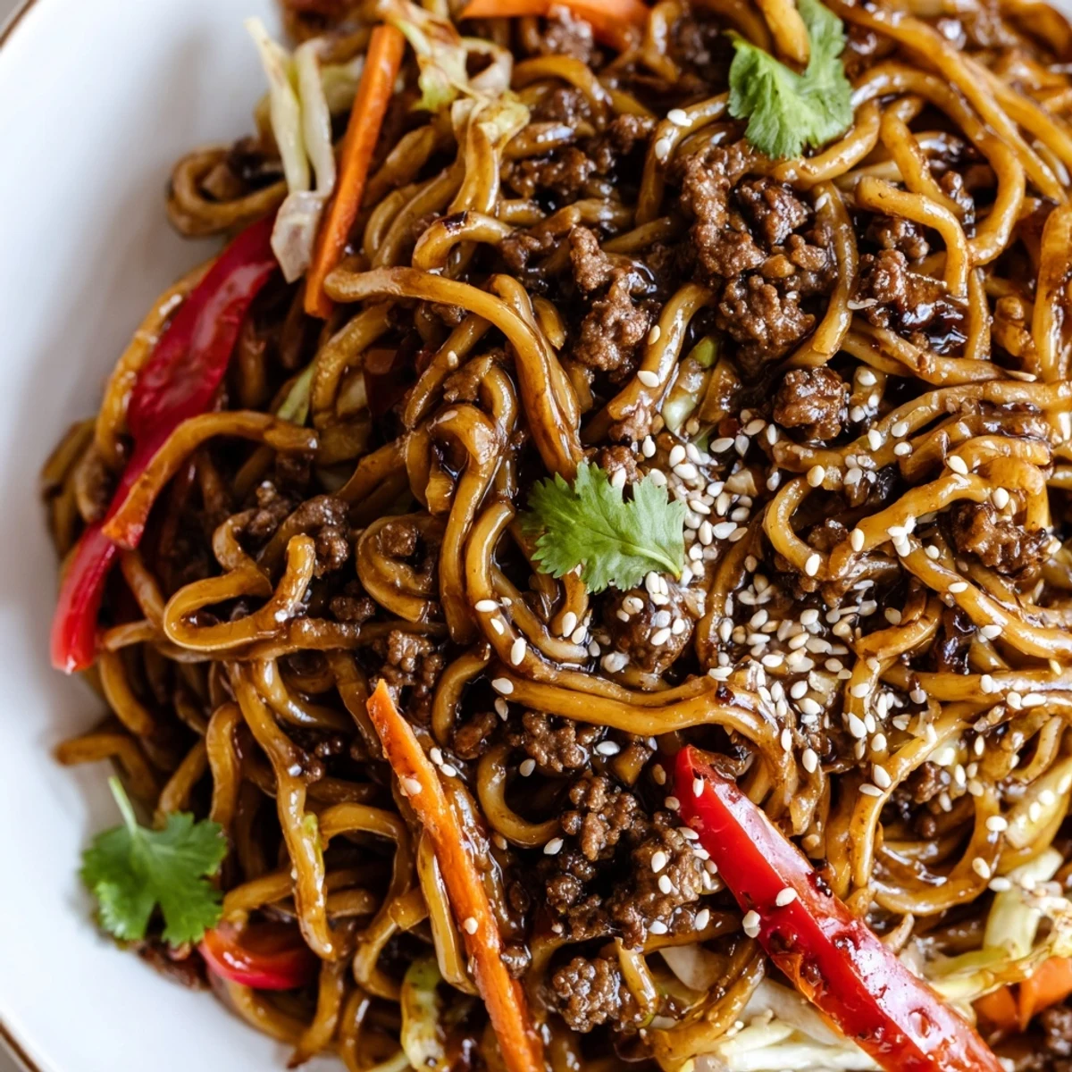 Steaming bowl of Asian ground beef noodles with colorful crisp vegetables ready to serve